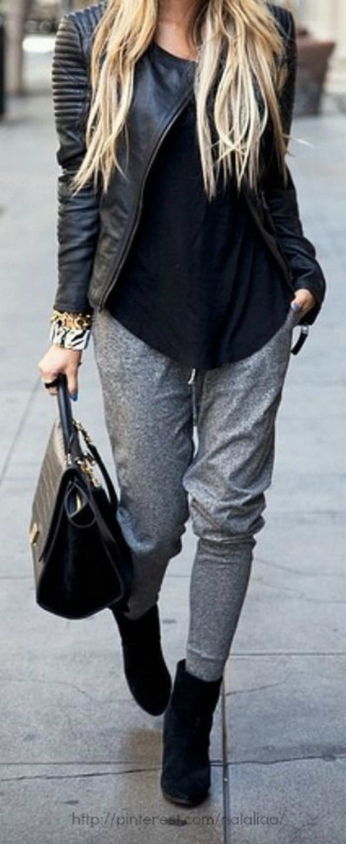 T-Shirt, Leather Jacket, And Gray Jogger For Women