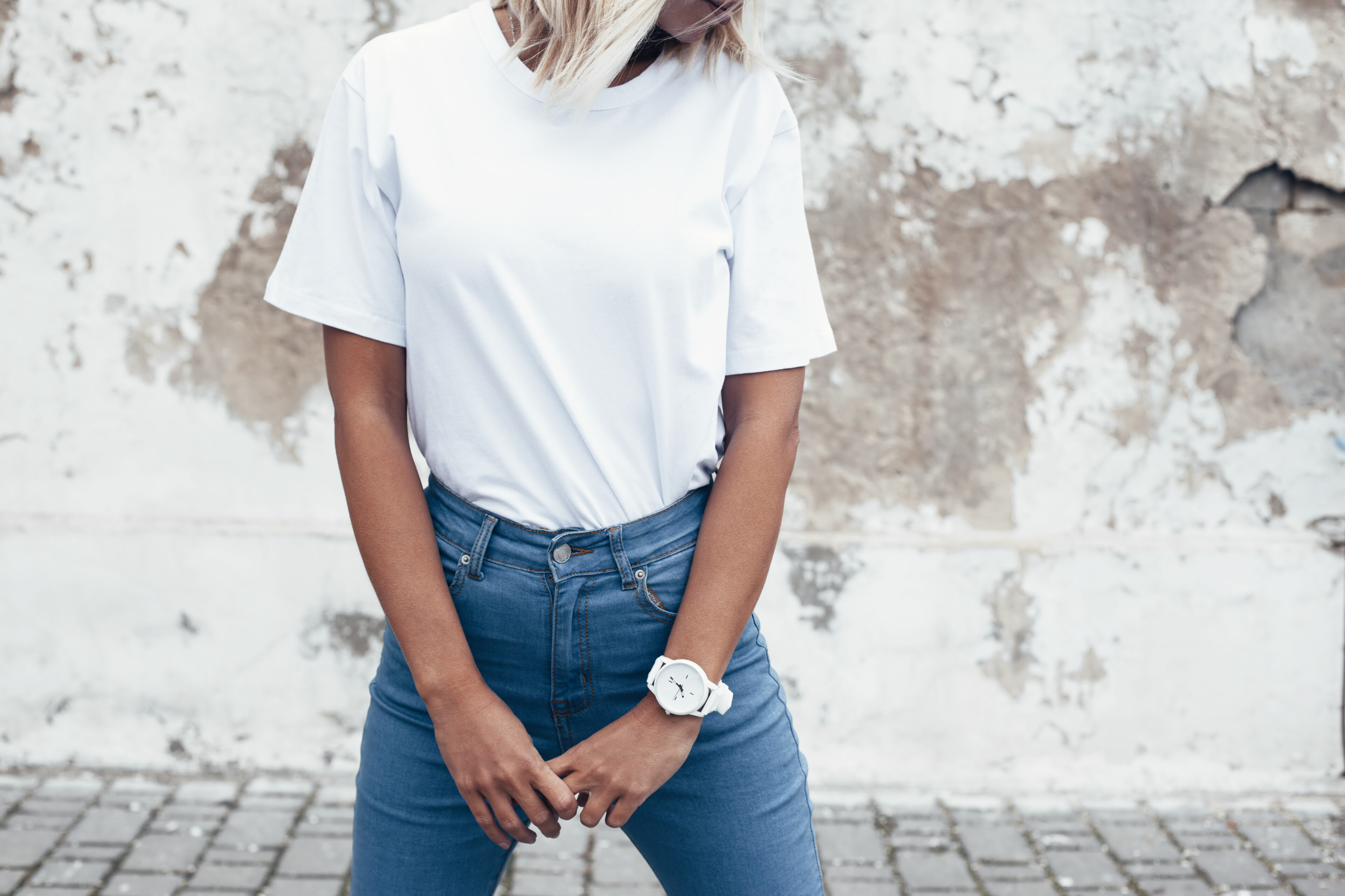 A Simple T-Shirt, Straight-Leg Ligh Blue Jeans