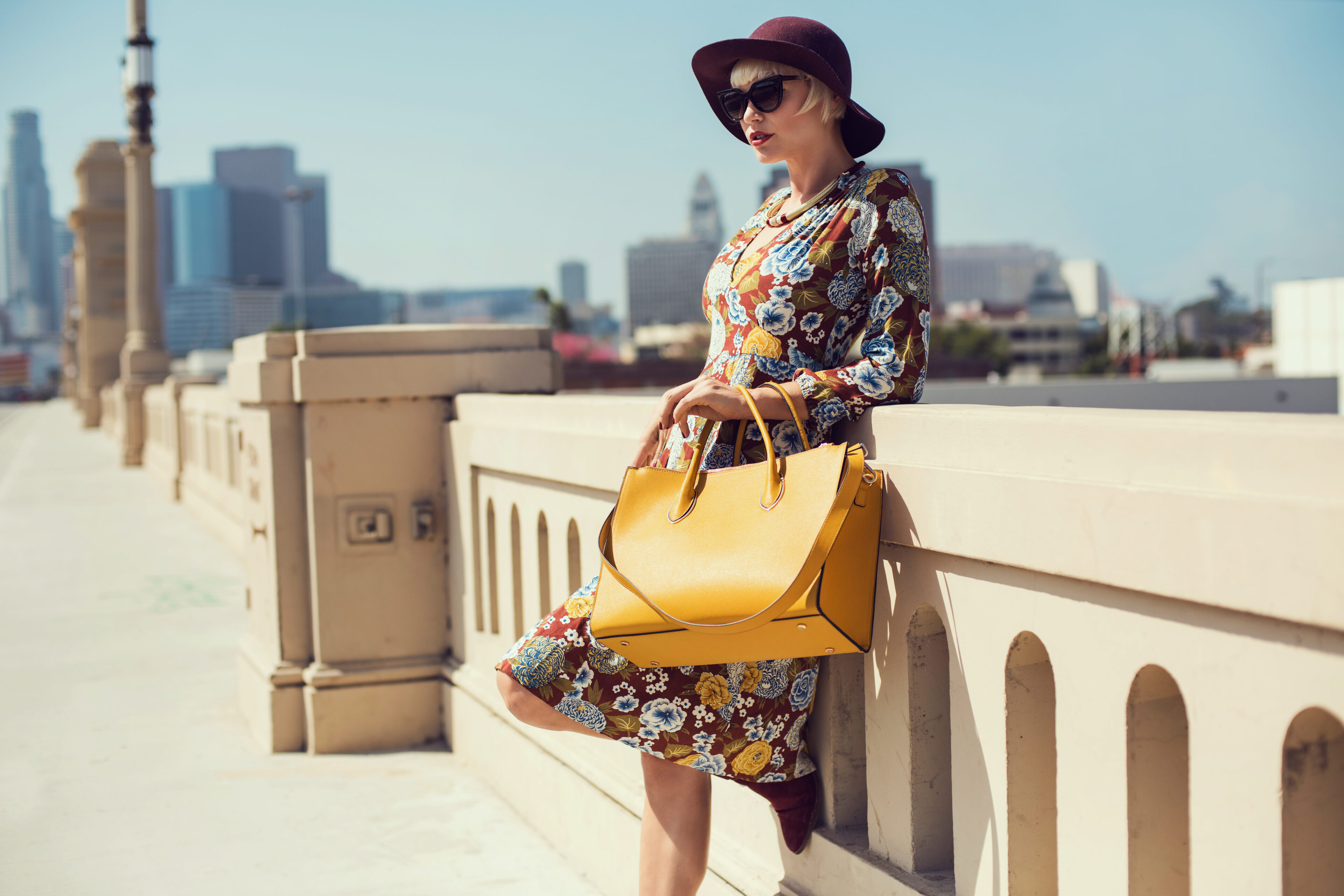 Patterned Midi Dress With Yellow Handbag And Wine Red Hat