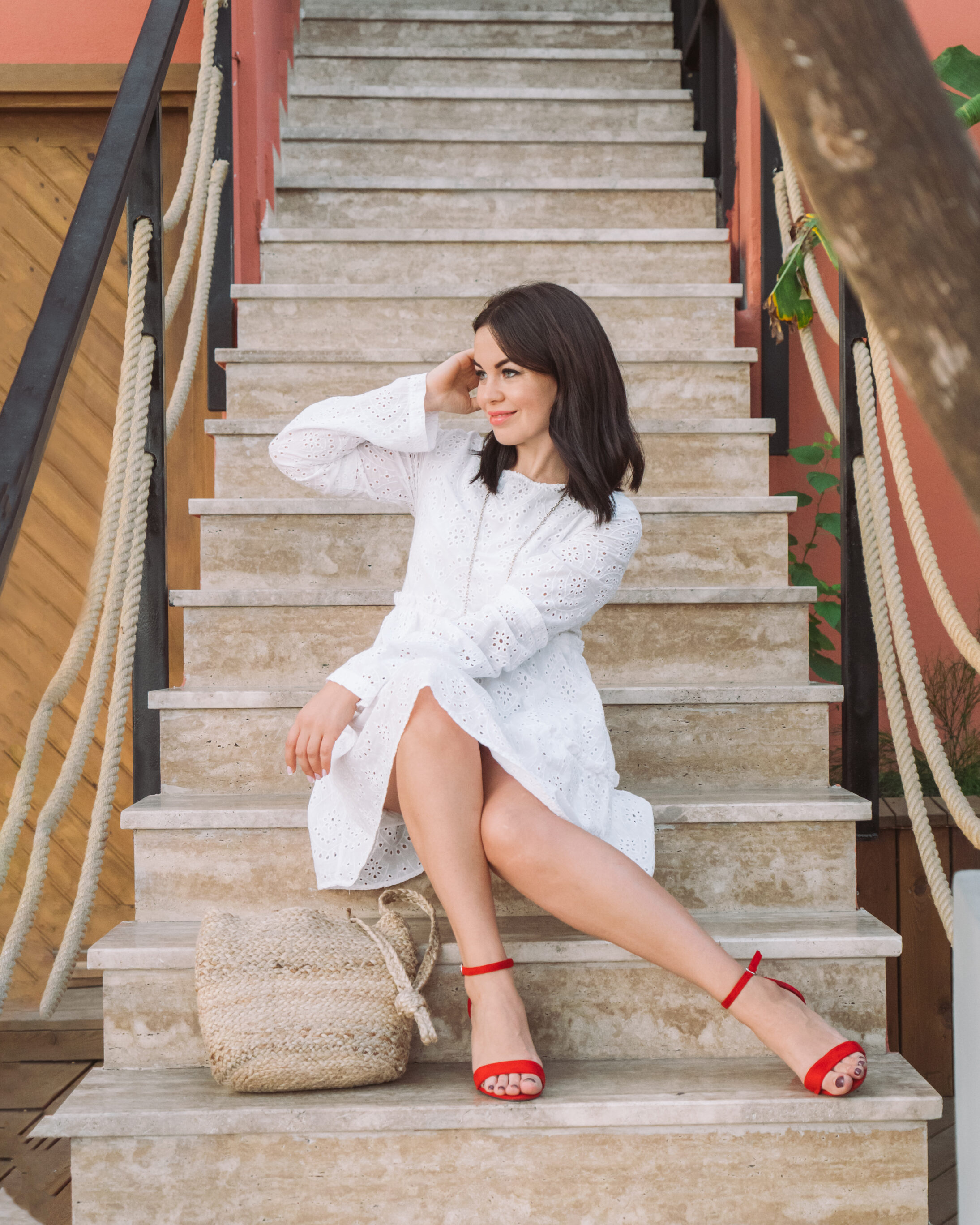 Red High Heels With A White Dress