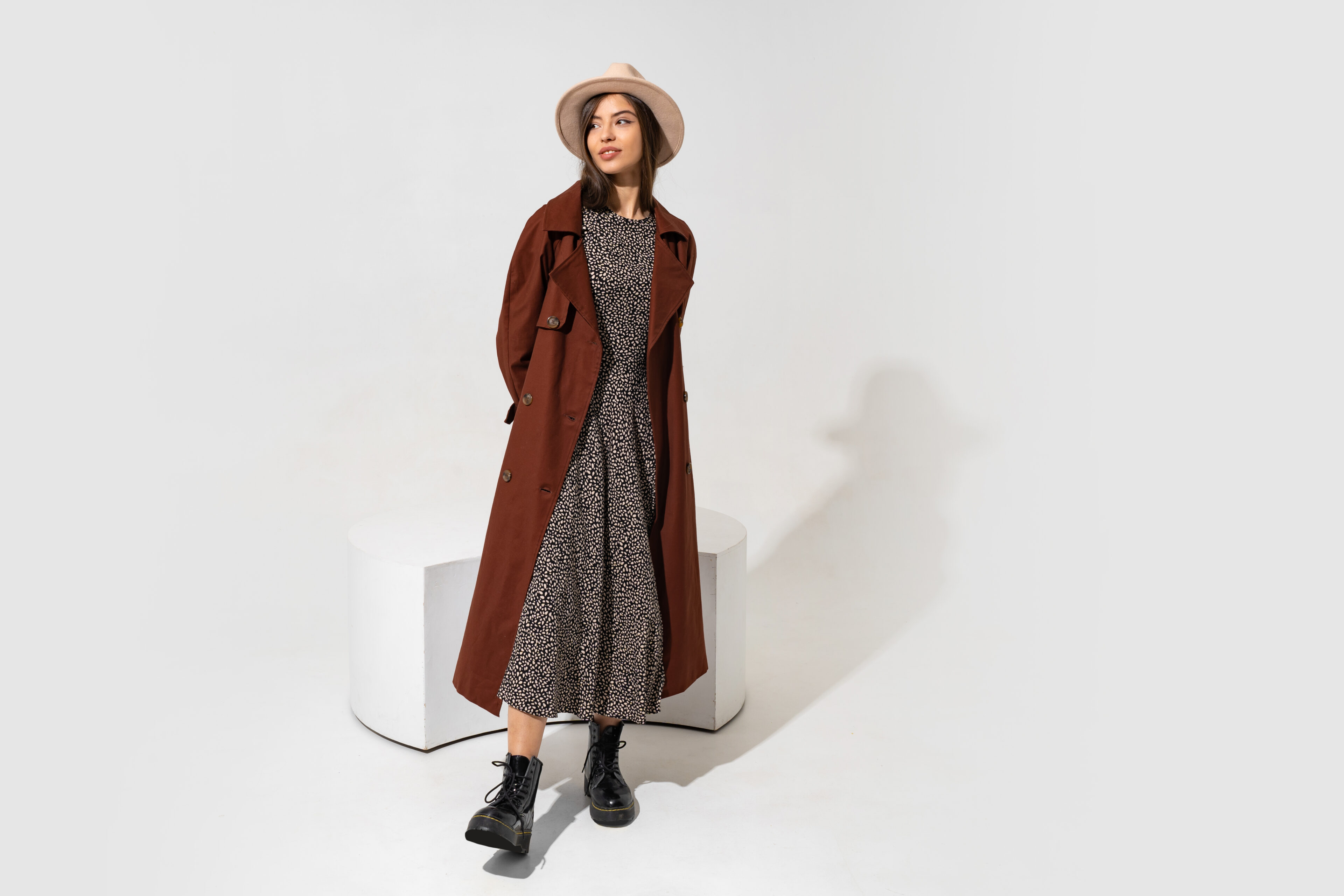 Wool Dress & Brown Trench Coat With Leather Boots