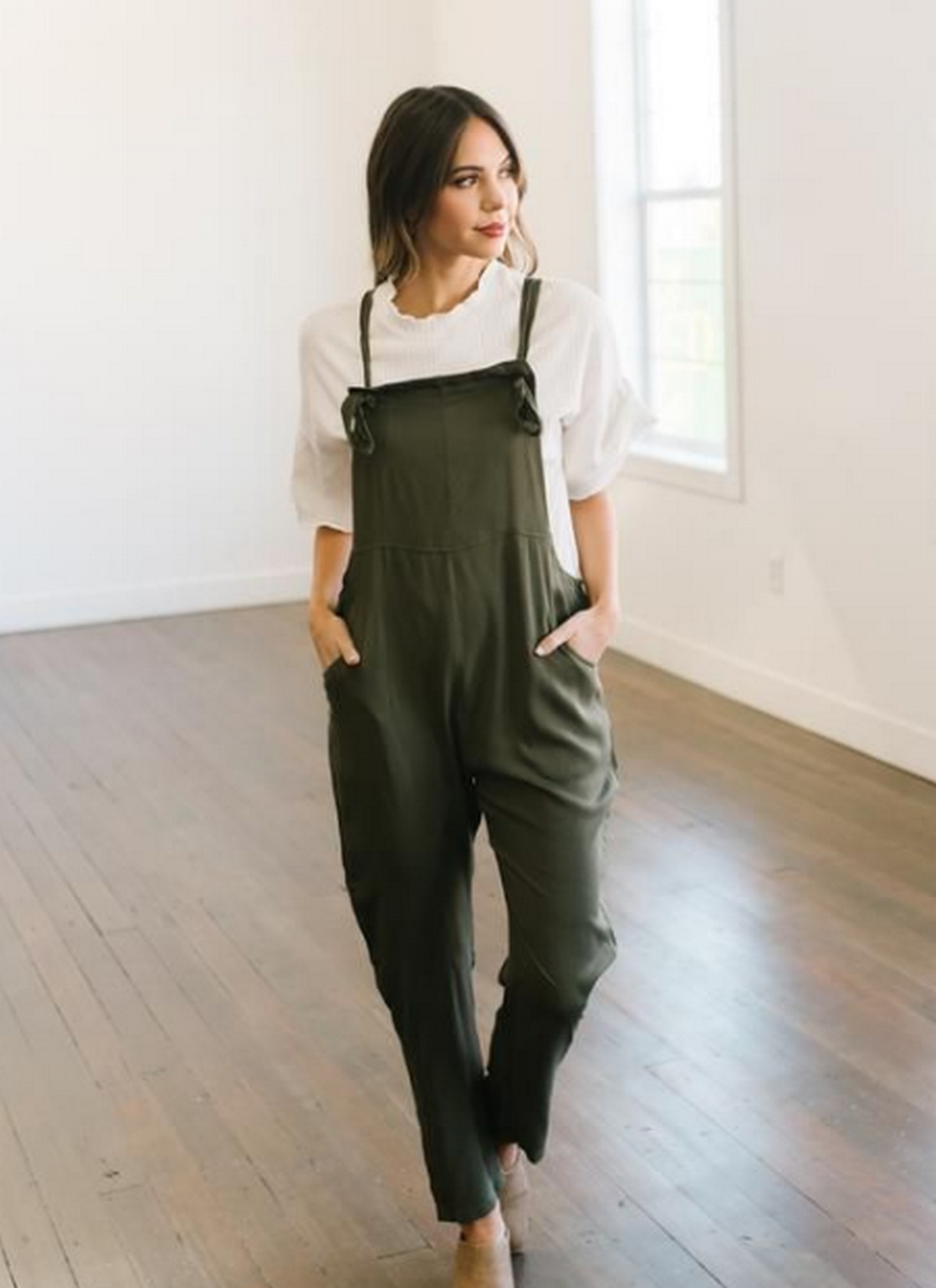 A White T-Shirt With Seaweed Green Overalls