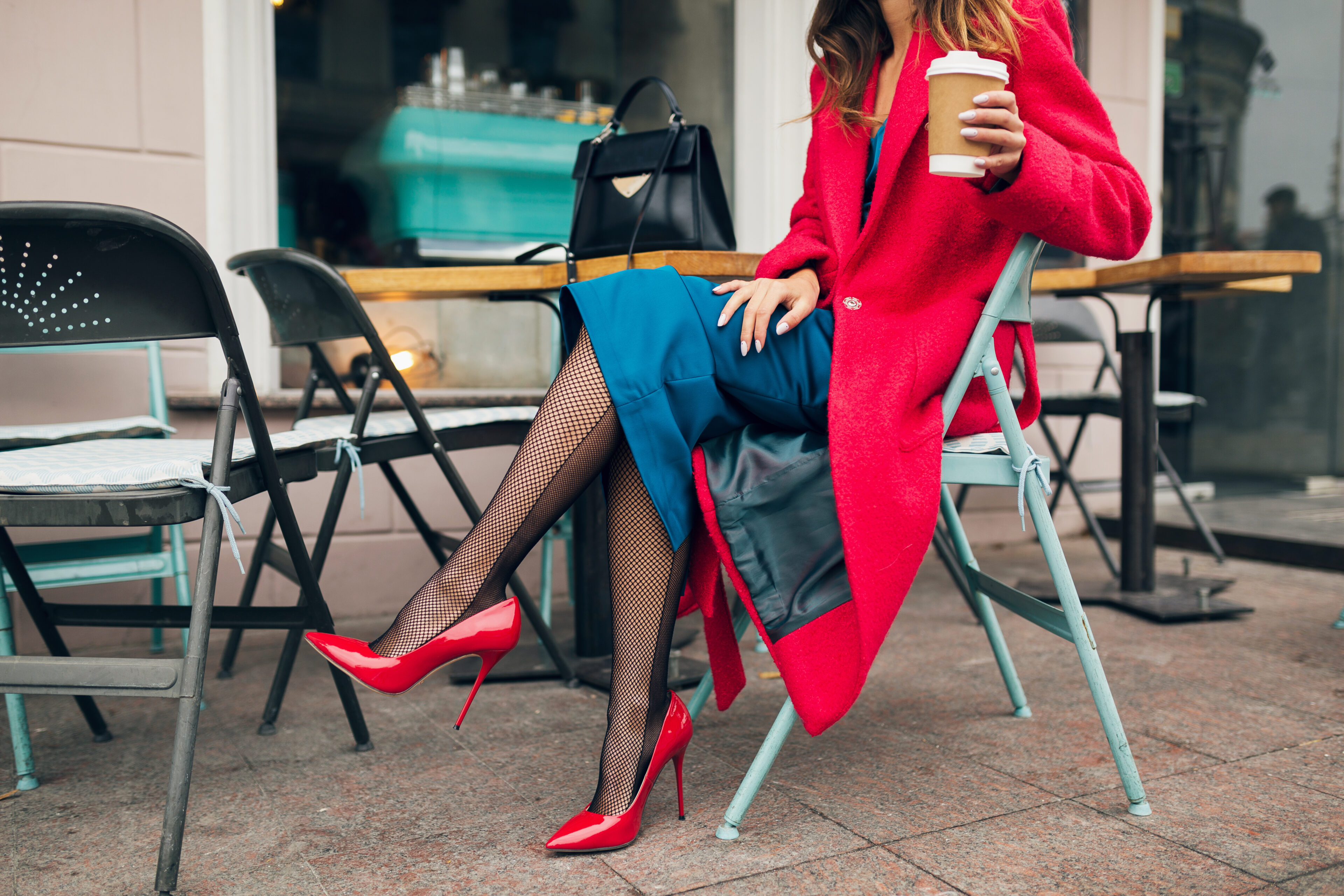 Red Long Coat, Navy Blue Pencil Skirt