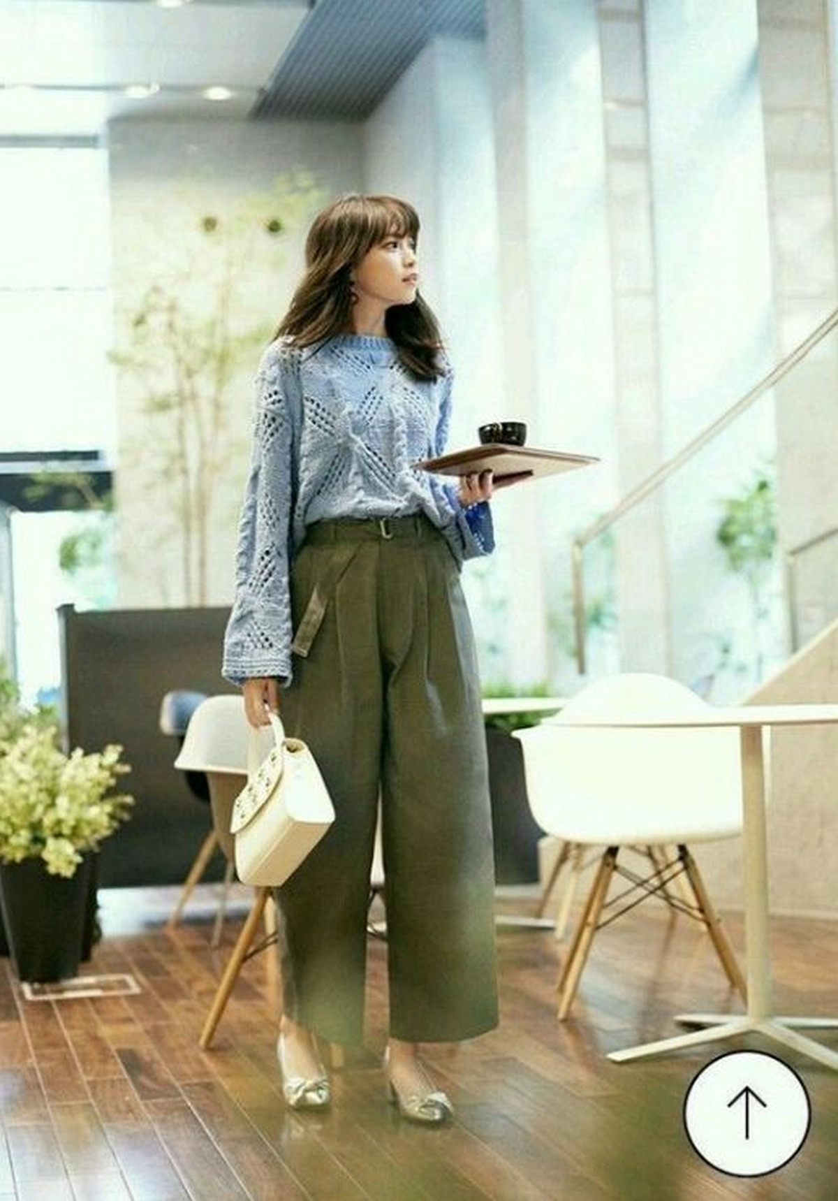 Blue Sweater, Green Linen Pants, Handbag