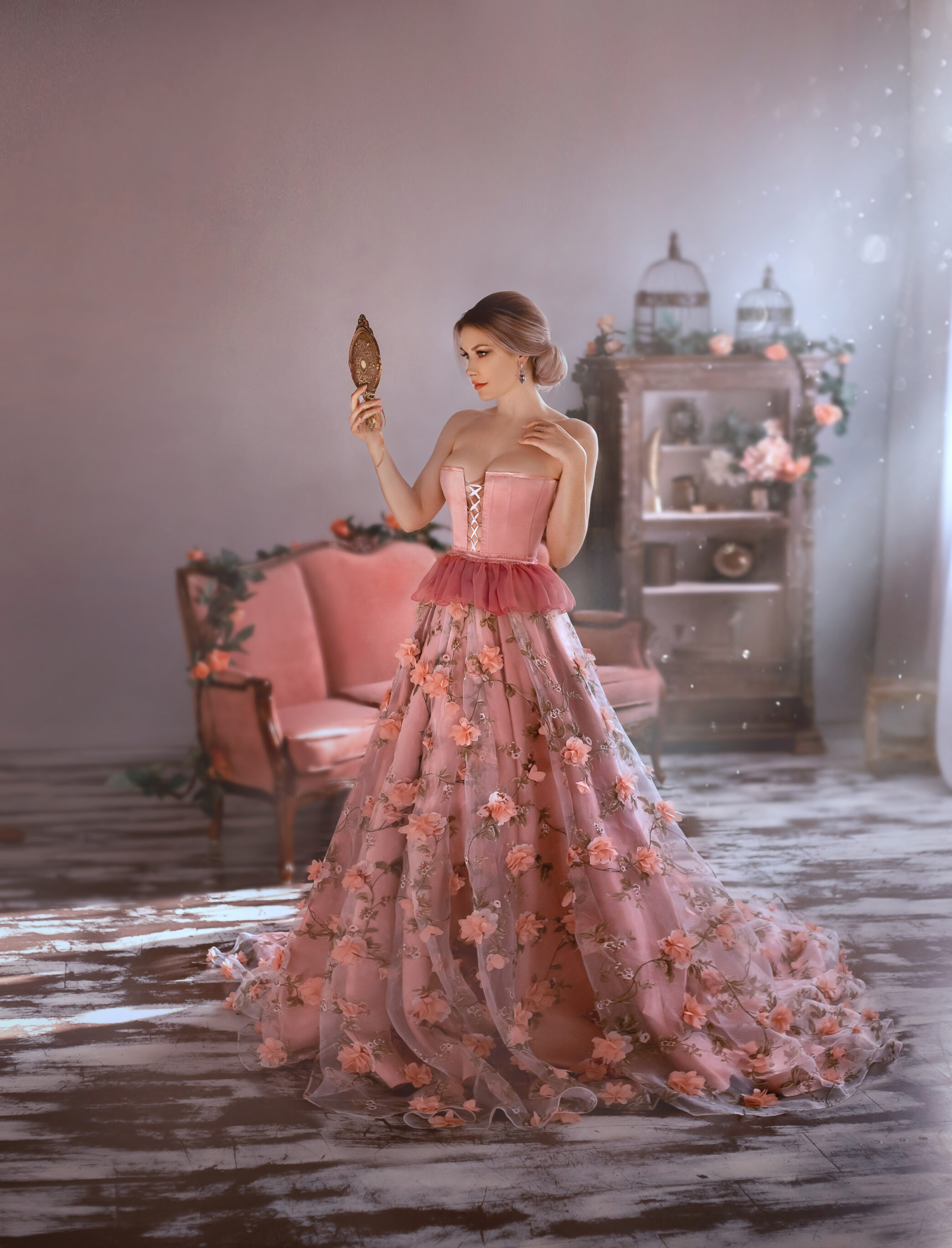 Vintage Style Pink Corset and Skirt with Spring Flower Details