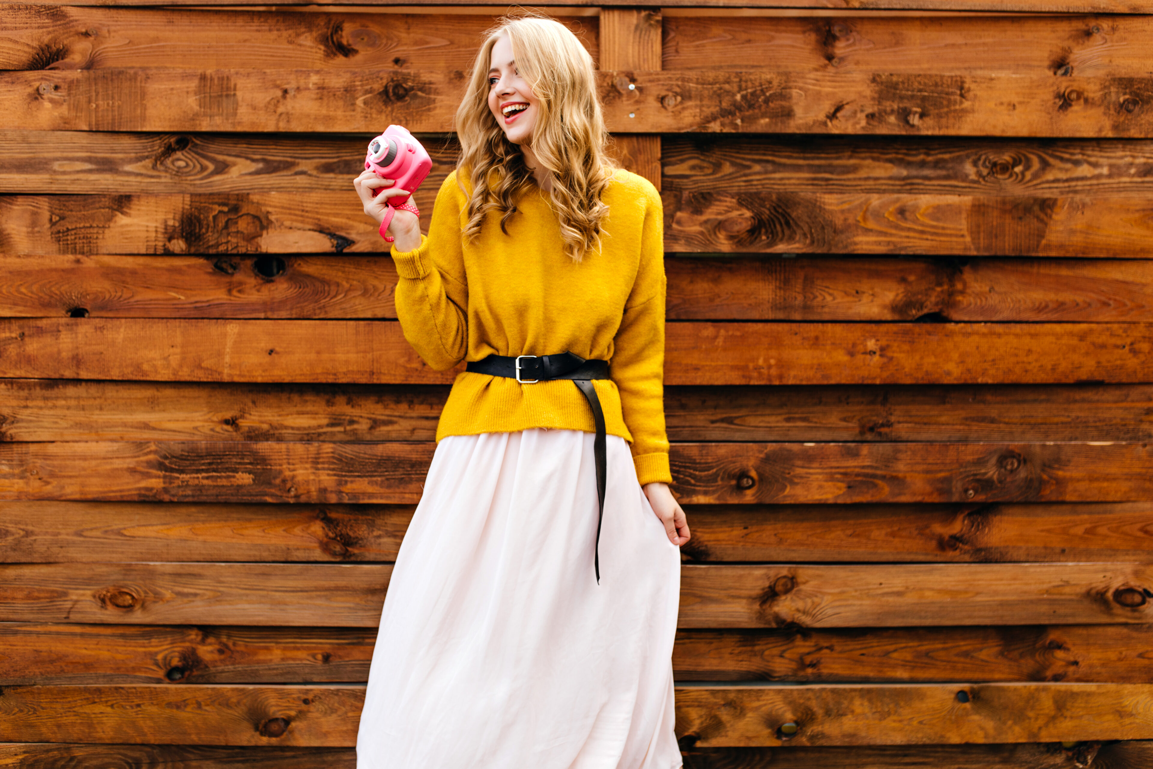 Mustard Sweater With Belt & Flare Skirt