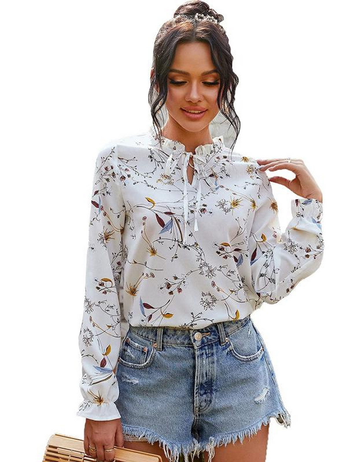 Patterned Shirt And Jeans Shorts