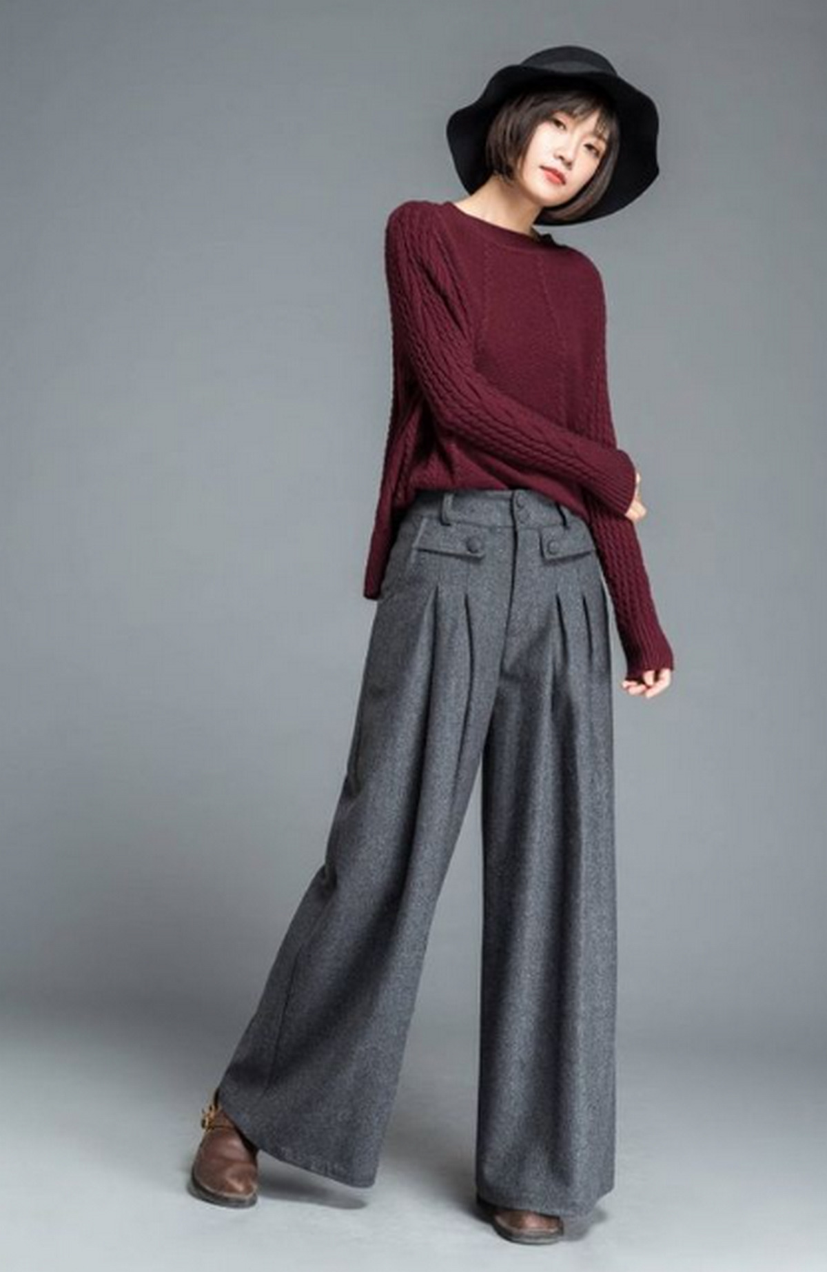 Red Sweater With Maxi Gray Pants For Women