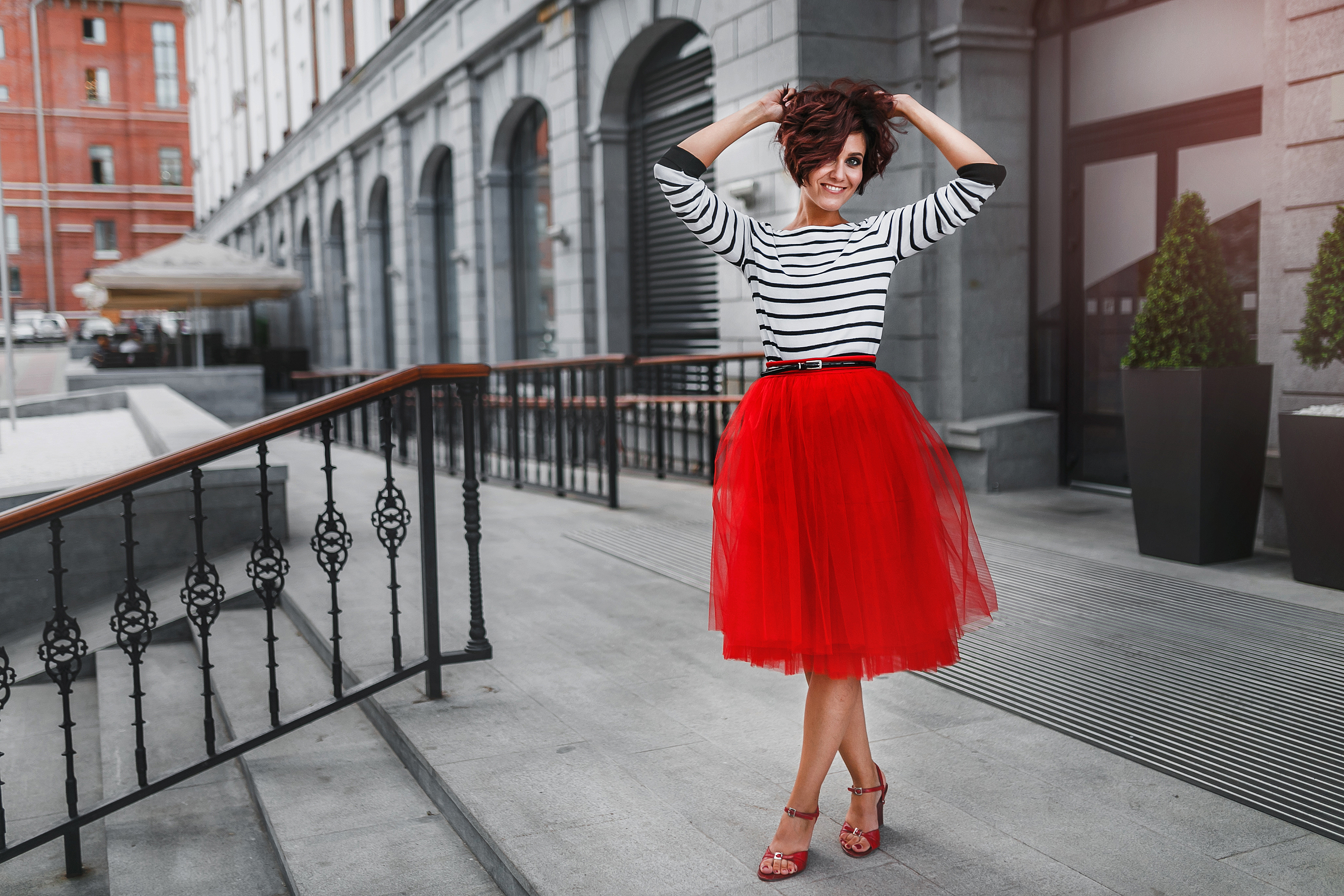 Striped T-Shirt, Red Skirt, And High Heels