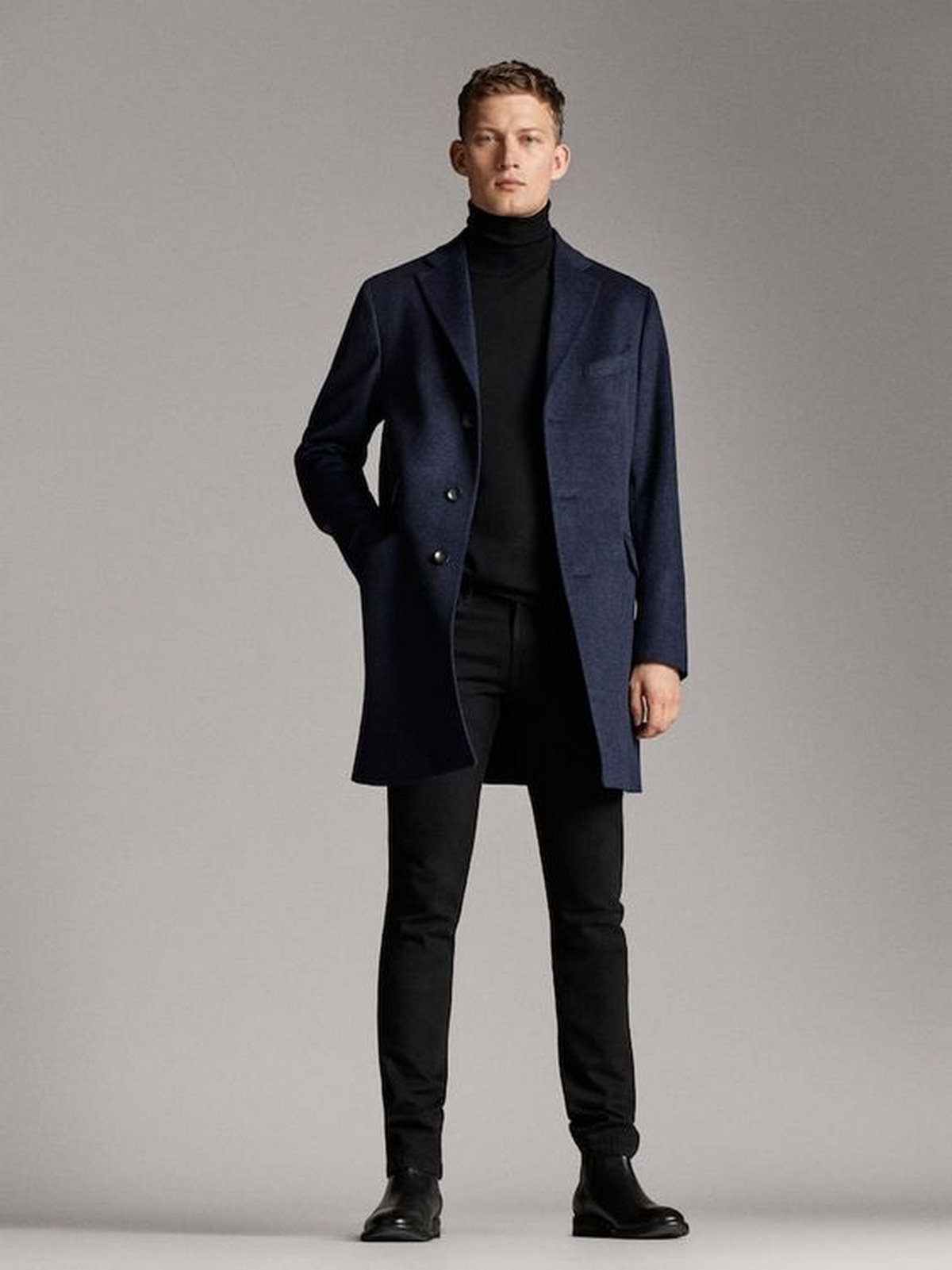 Turtleneck, Long Coat, And Trousers