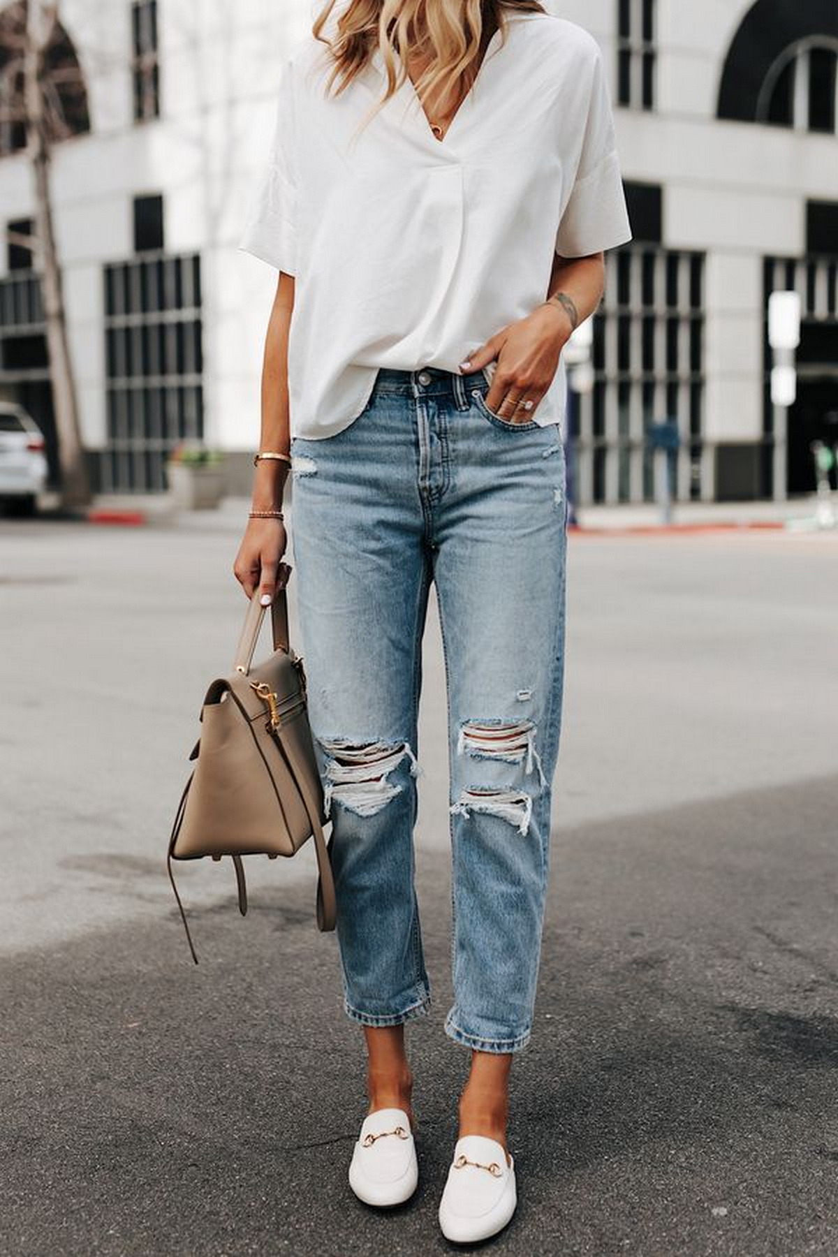 White Blouse + Distressed Denim