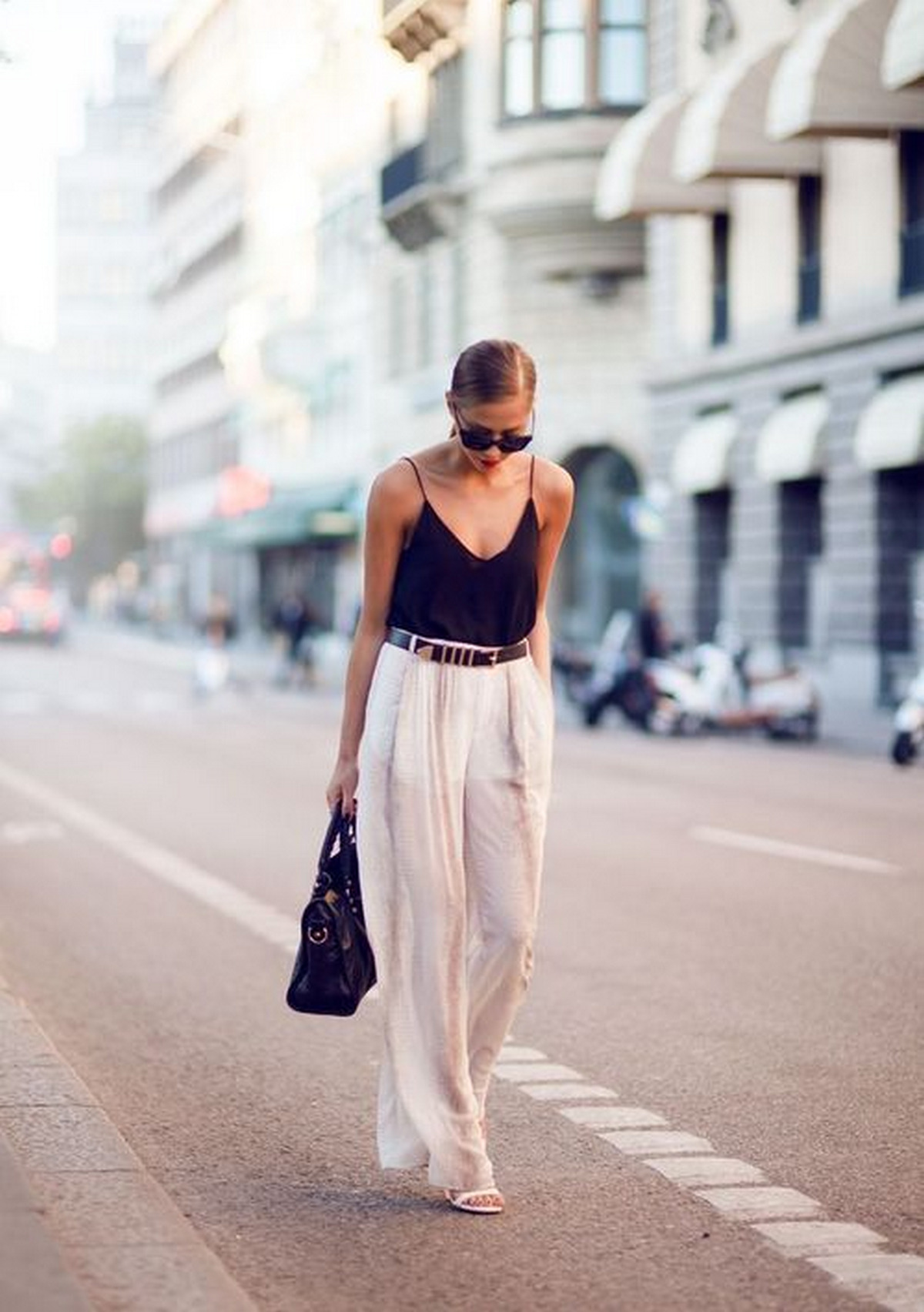 A Classy Black Camisole + White Pants + Black Strappy Sandals