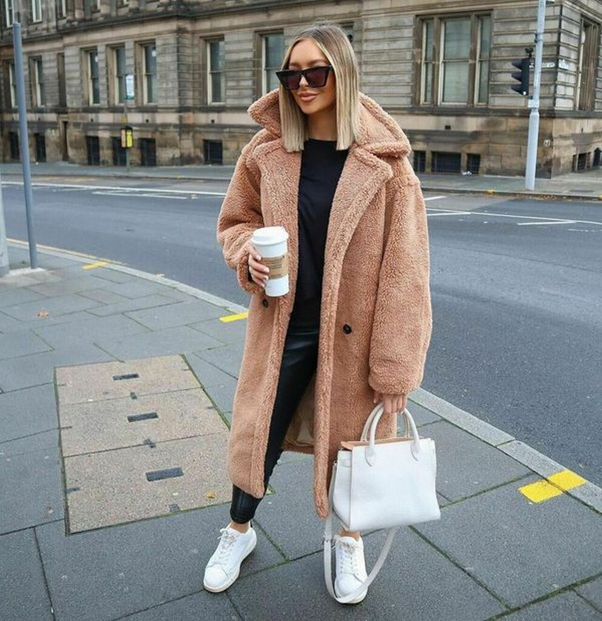 Camel Teddy Bear Coat + Matchy Pointy-toe Heels