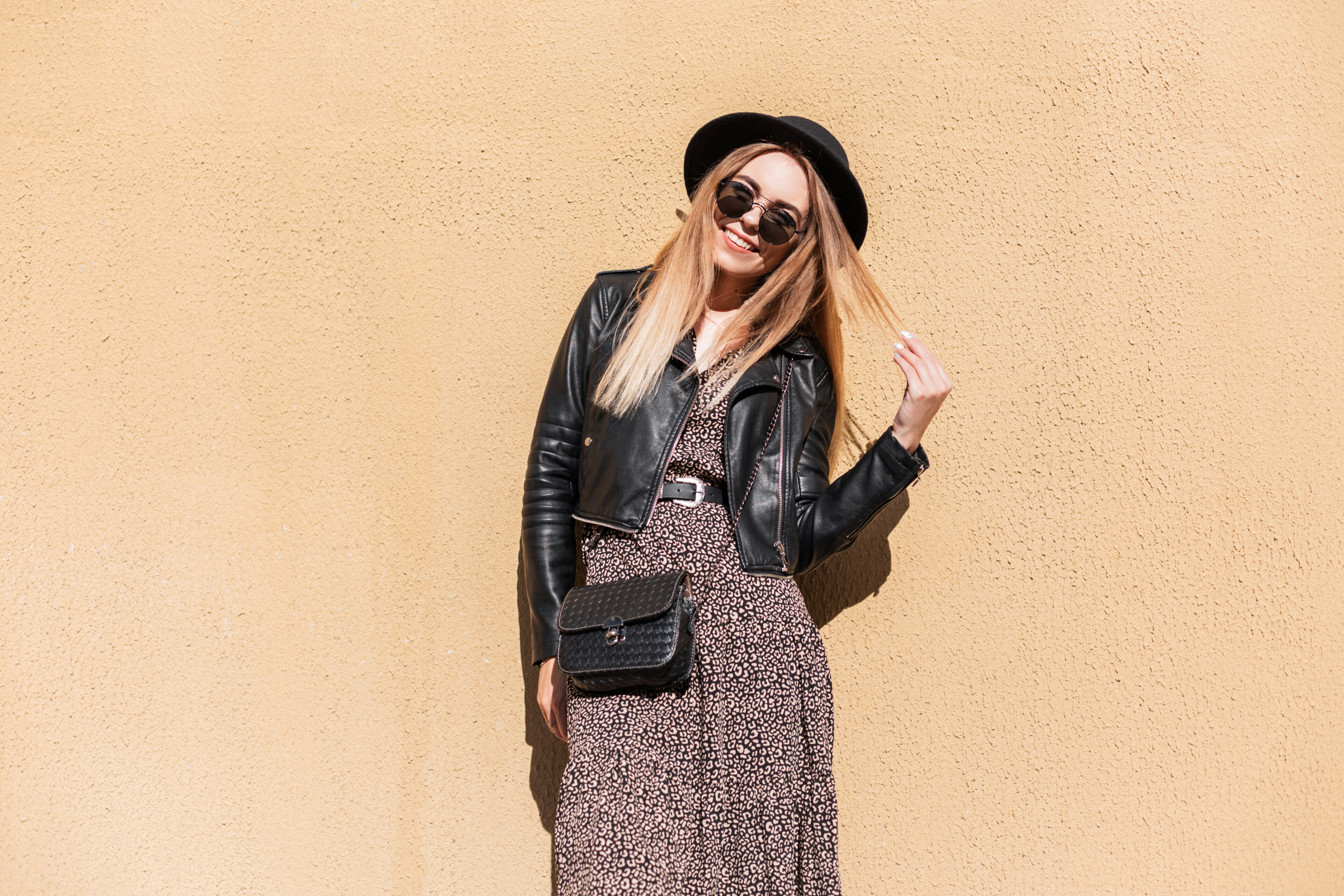 Leather Jacket And Floral Print Dress