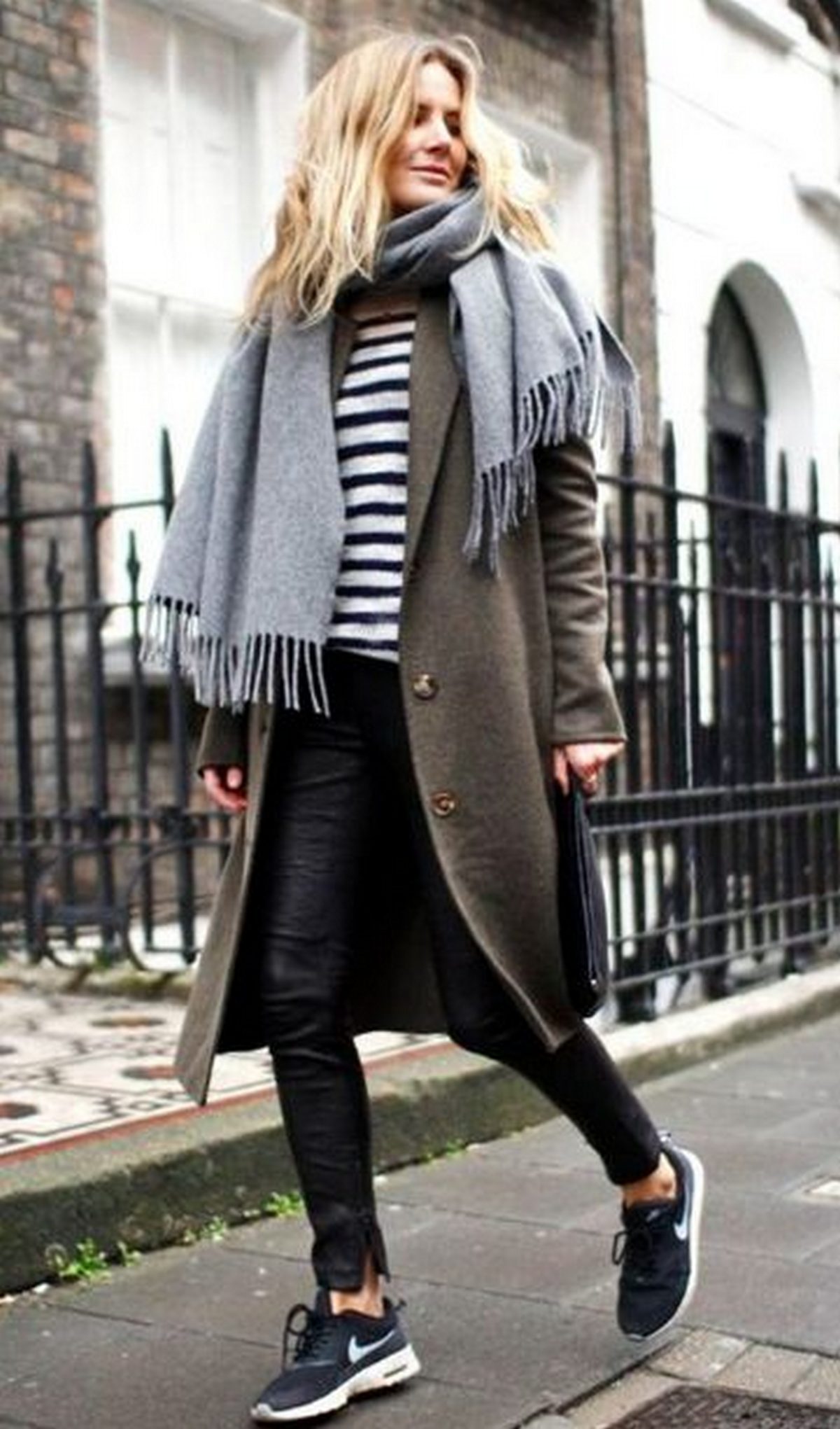 Leggings, Striped Top, Overcoat With Large Scarf, And Nike Shoes 