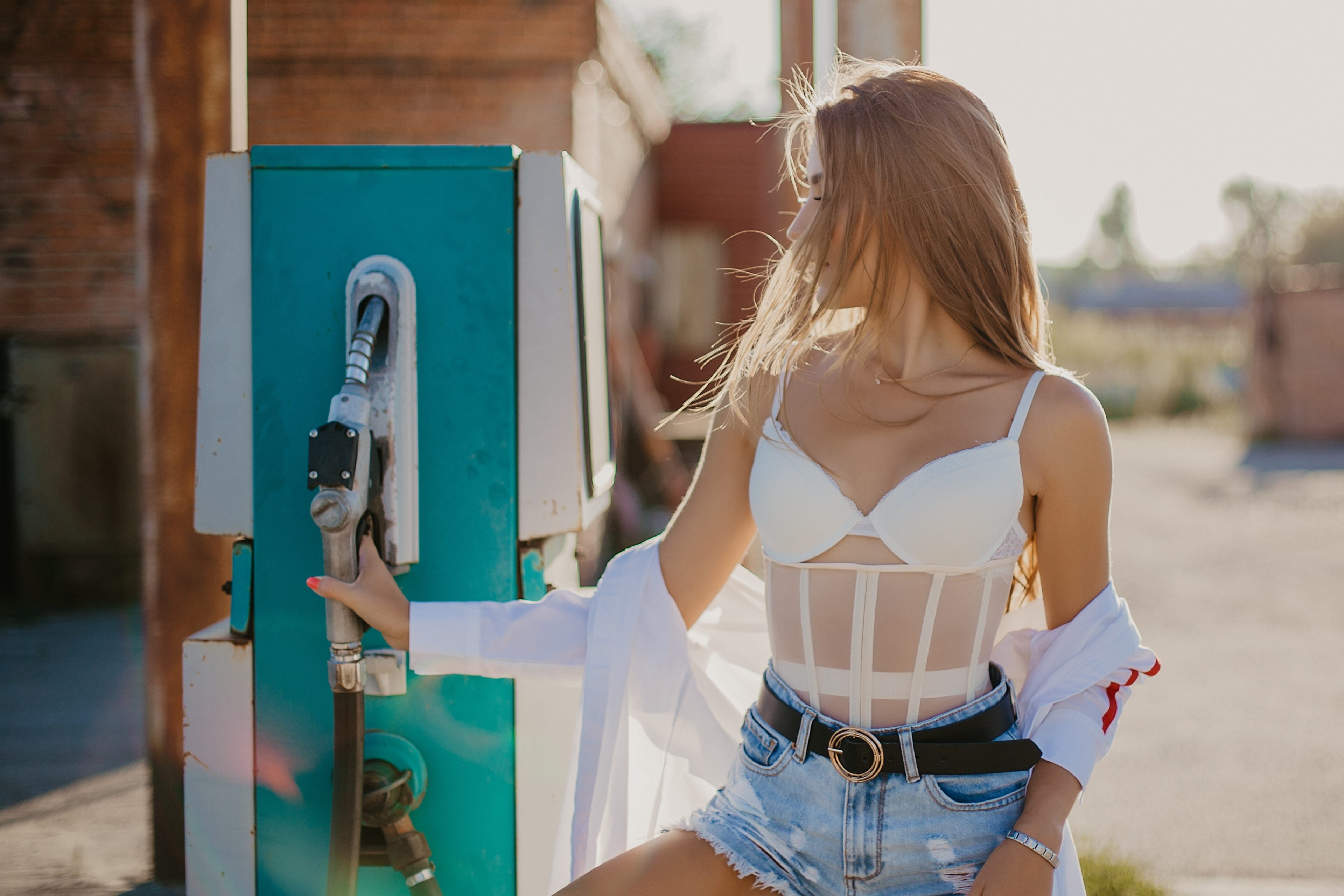 White Shirt, Corset, and Denim Shorts