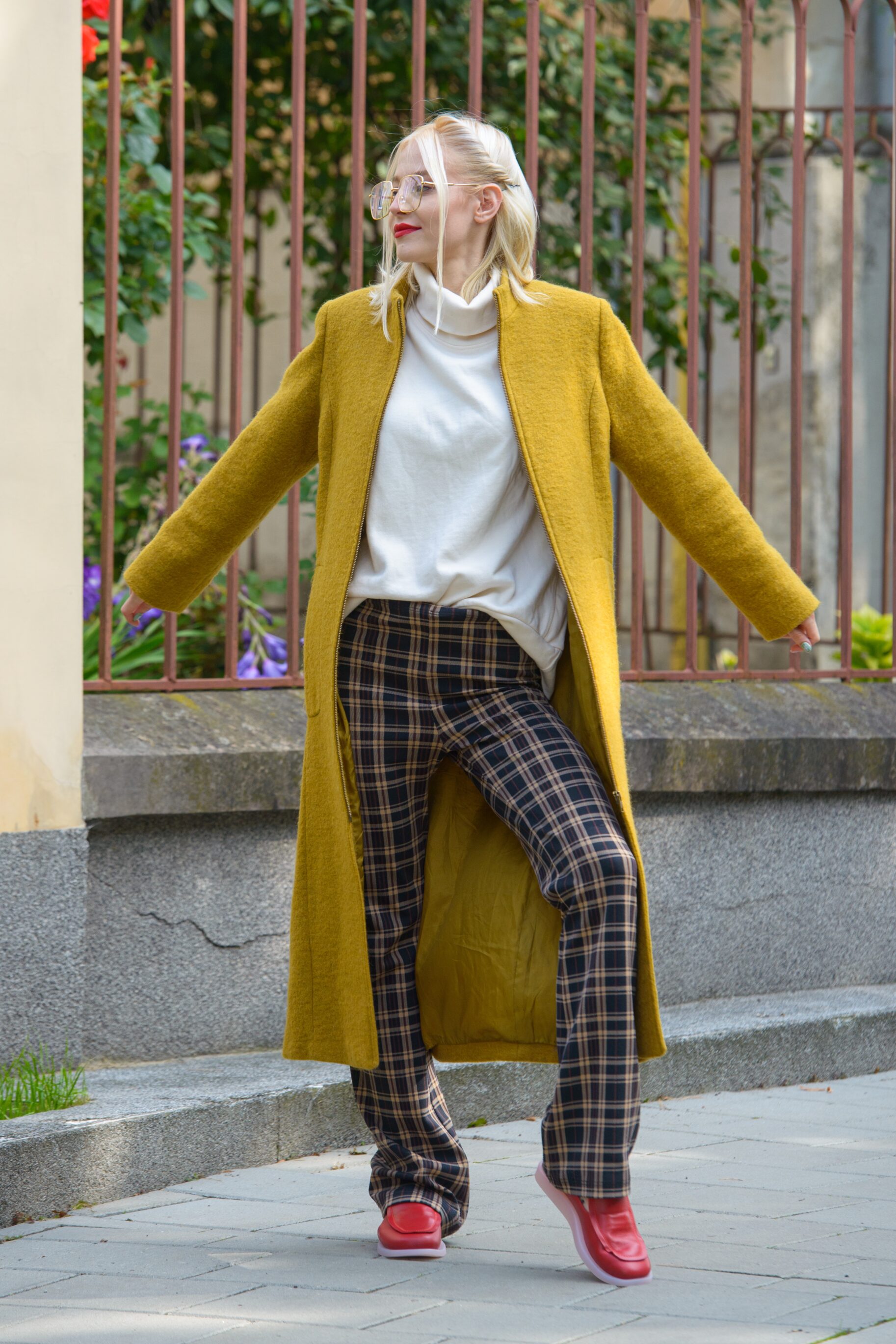 Yellow Long Coat, Turtleneck Sweater, Checkered Pants, Red Sneakers