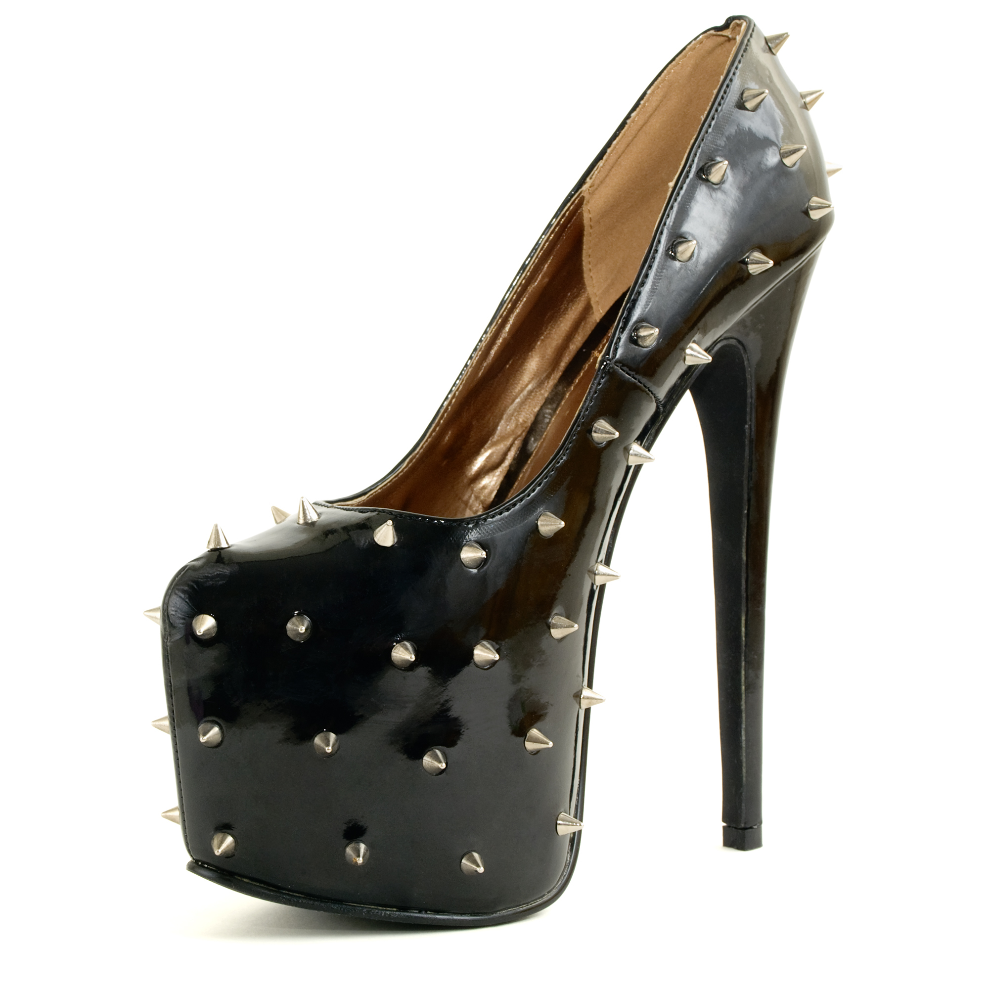 Black Patent Concealed Platform Shoes with Spikes