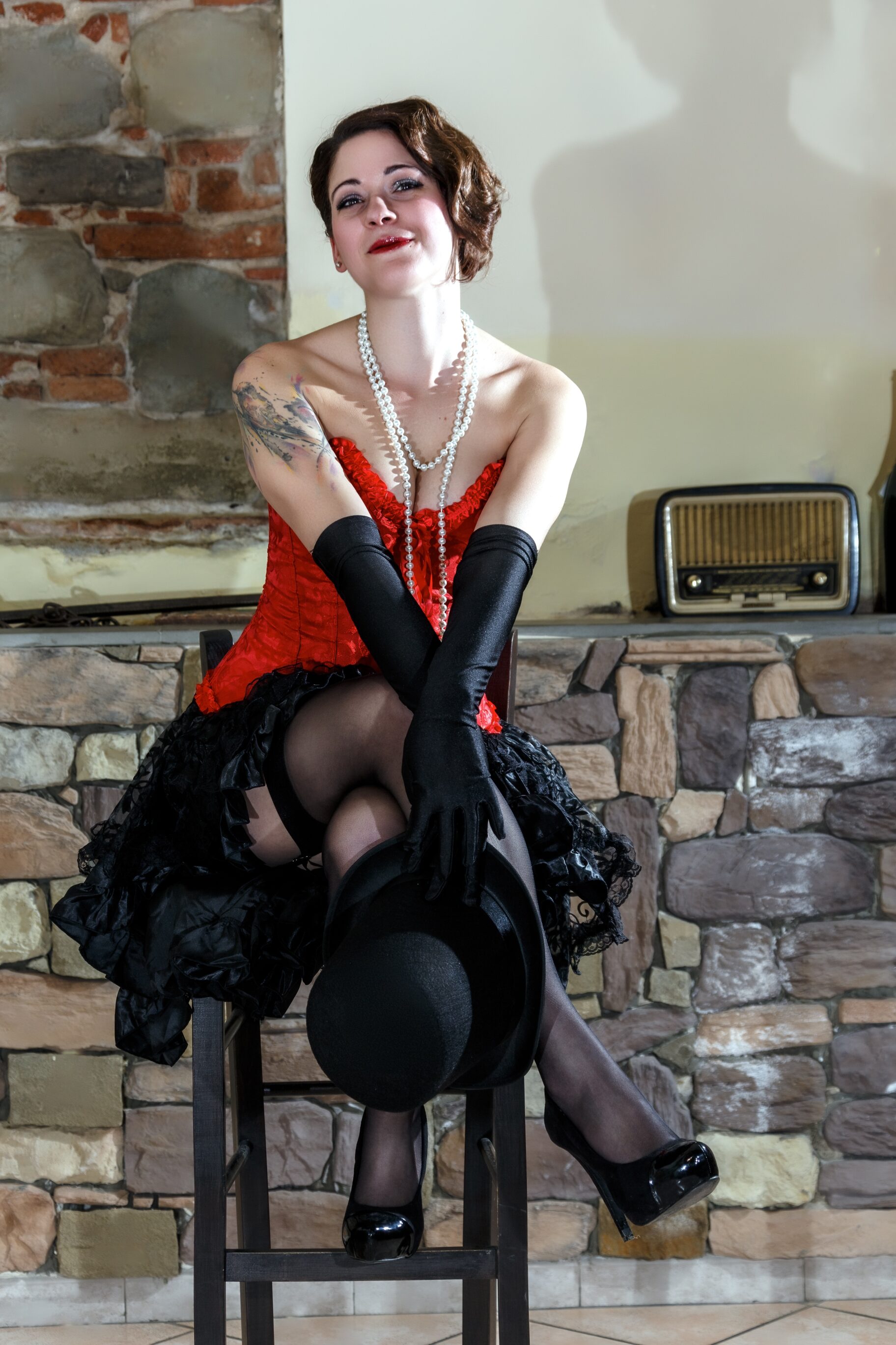 Red Corset, Lingerie, and Ruffled Skirt