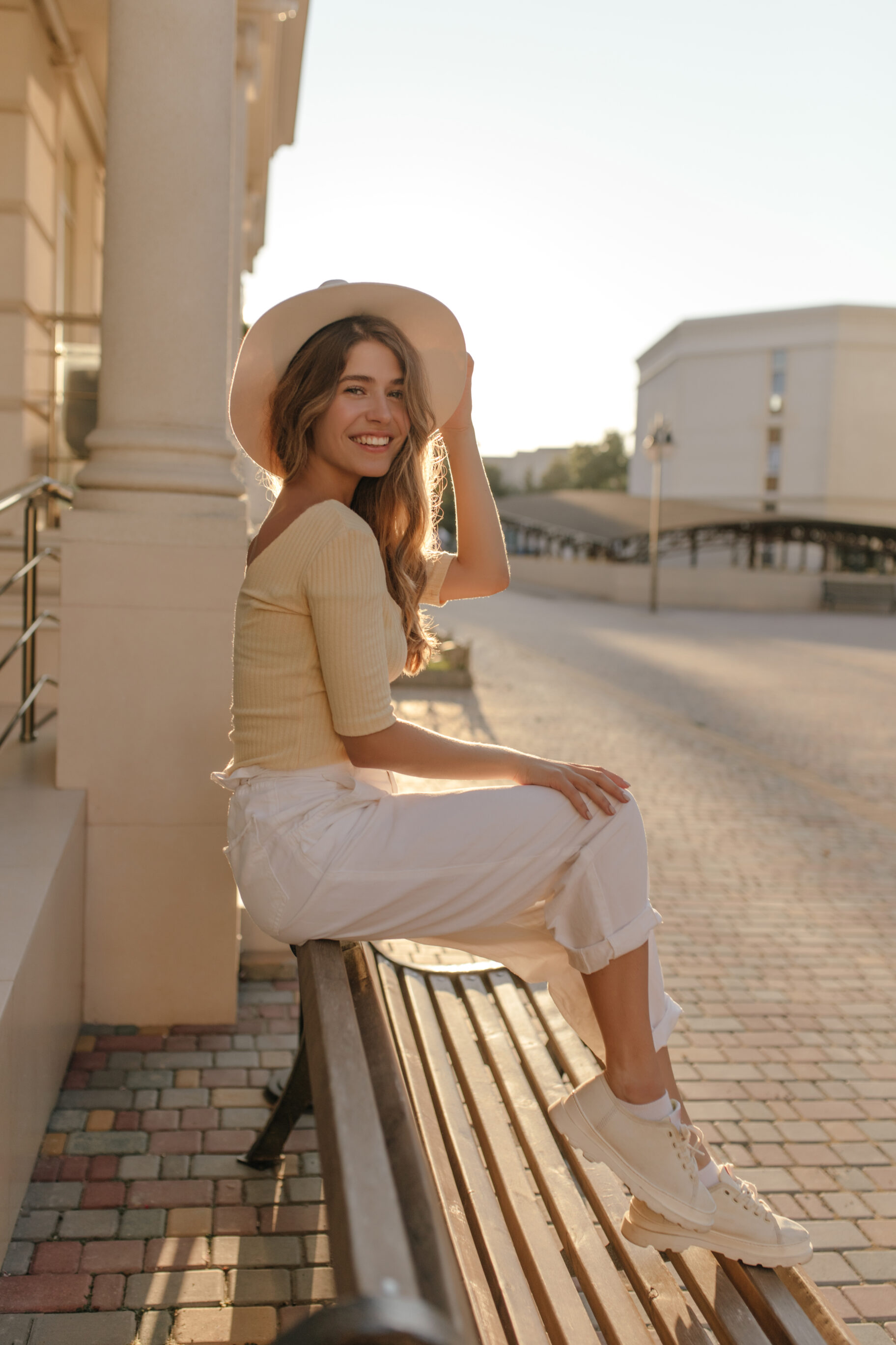 Beige Wool Top With White Pant And Sneakers