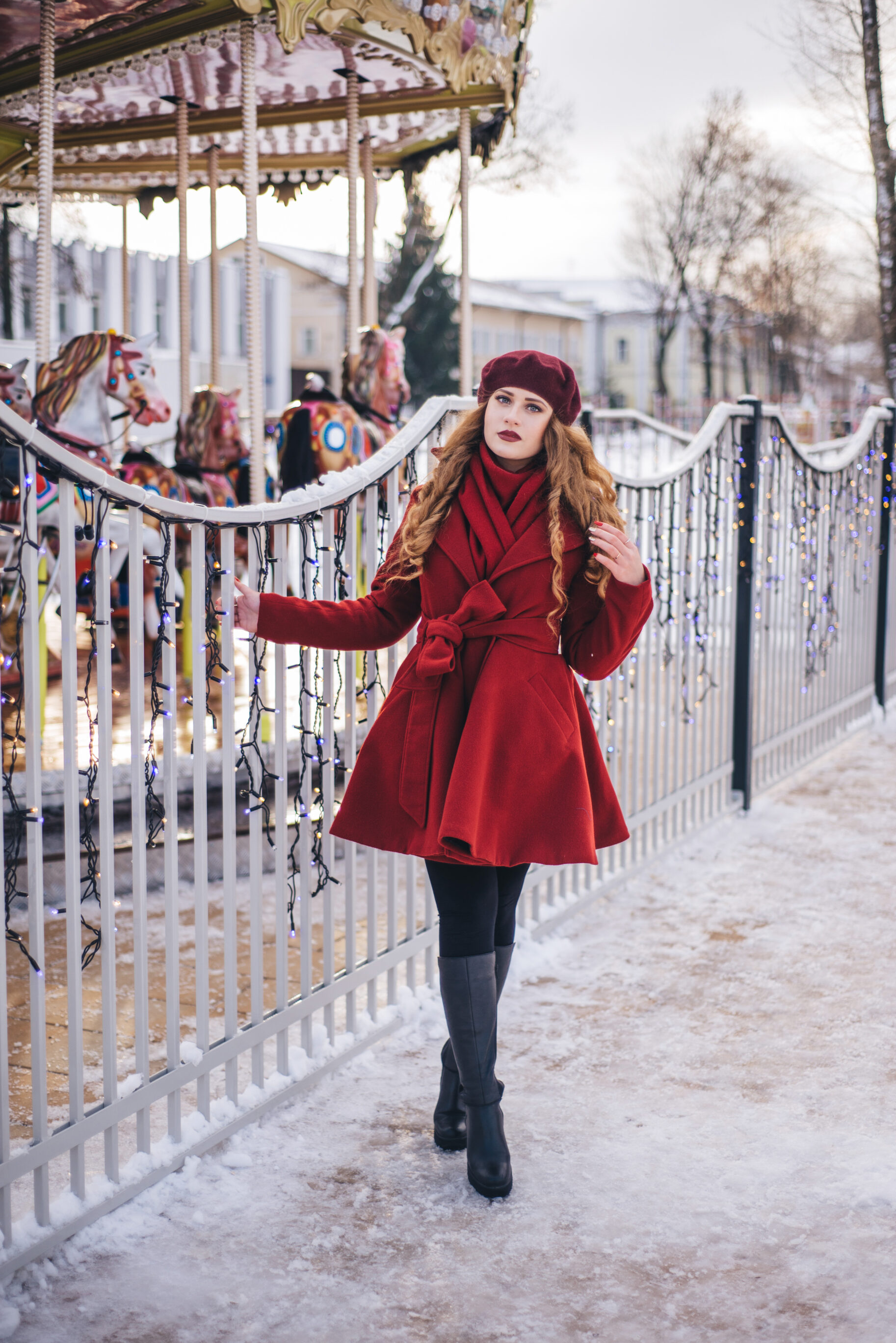 Coat, Scarf & A Beret In Red