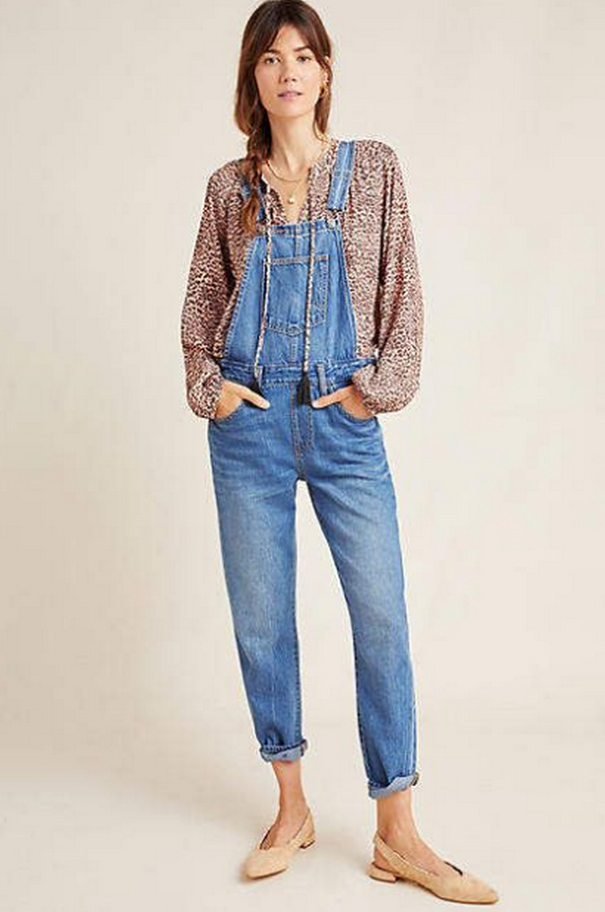 Pattern Blouse With Denim Overalls