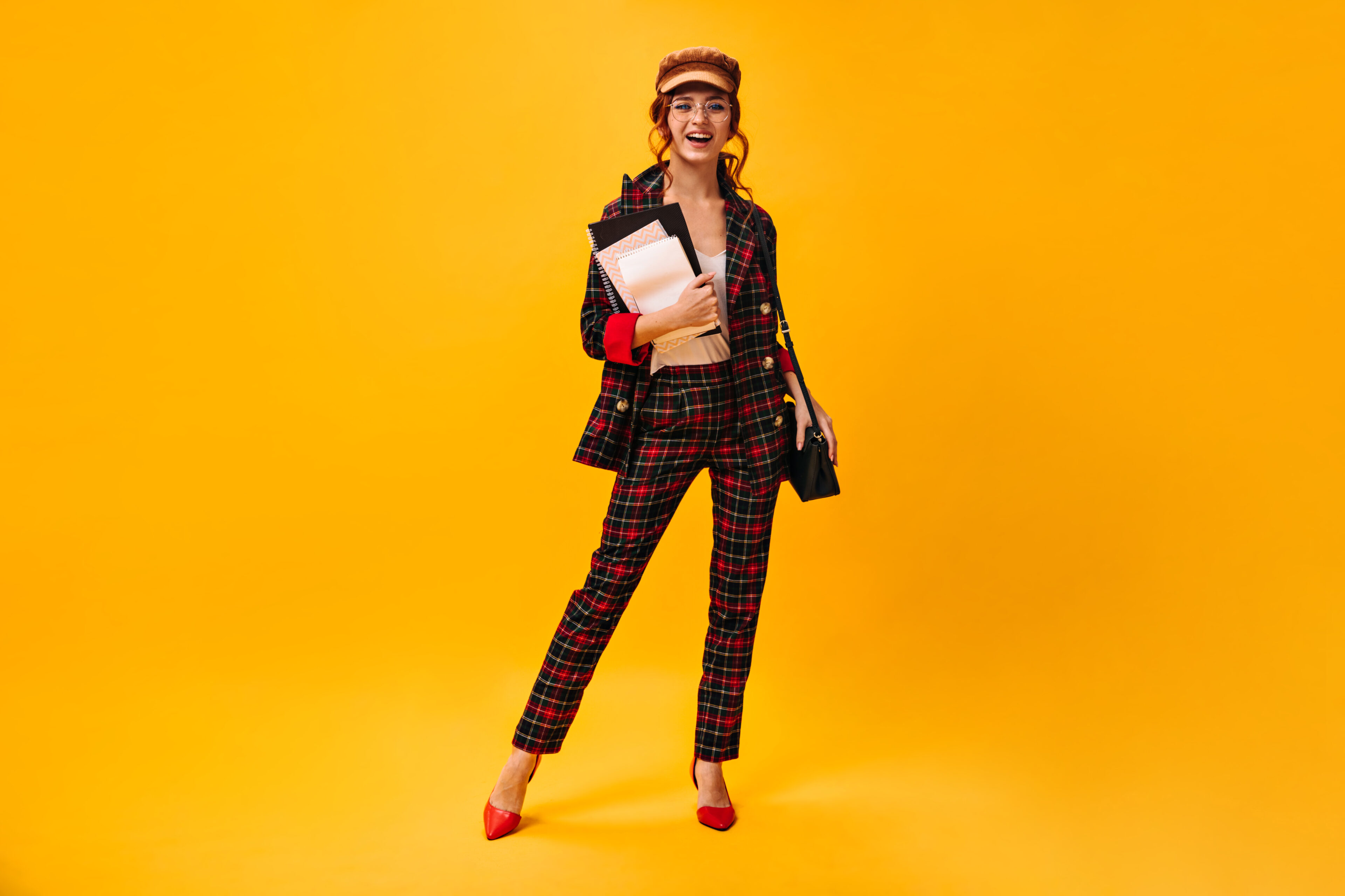 Plaid Suit, Cap, And Red Pumps