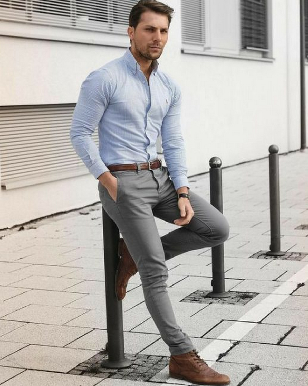 navy blue dress shirt and grey pants