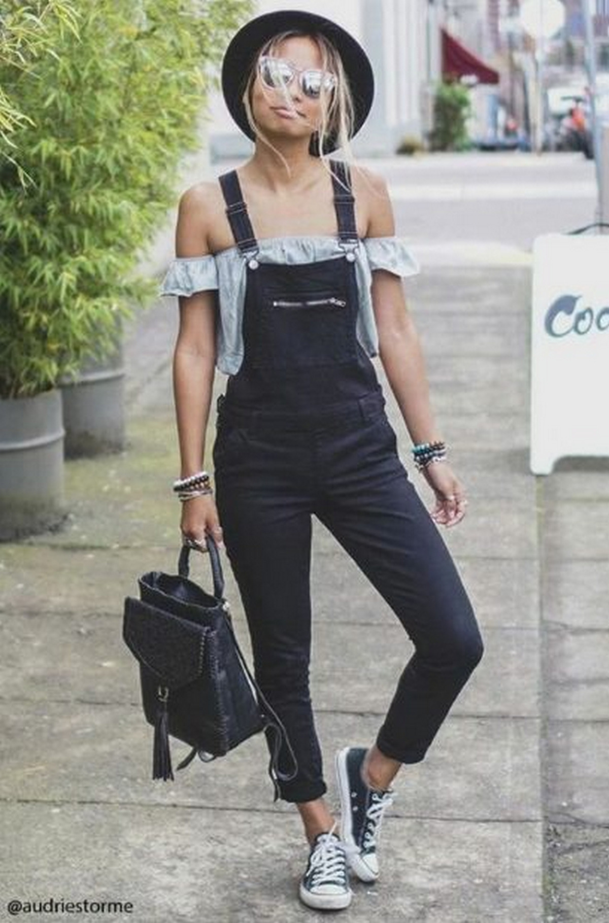 Light Blue Off-The-Shoulder Top With Black Overalls