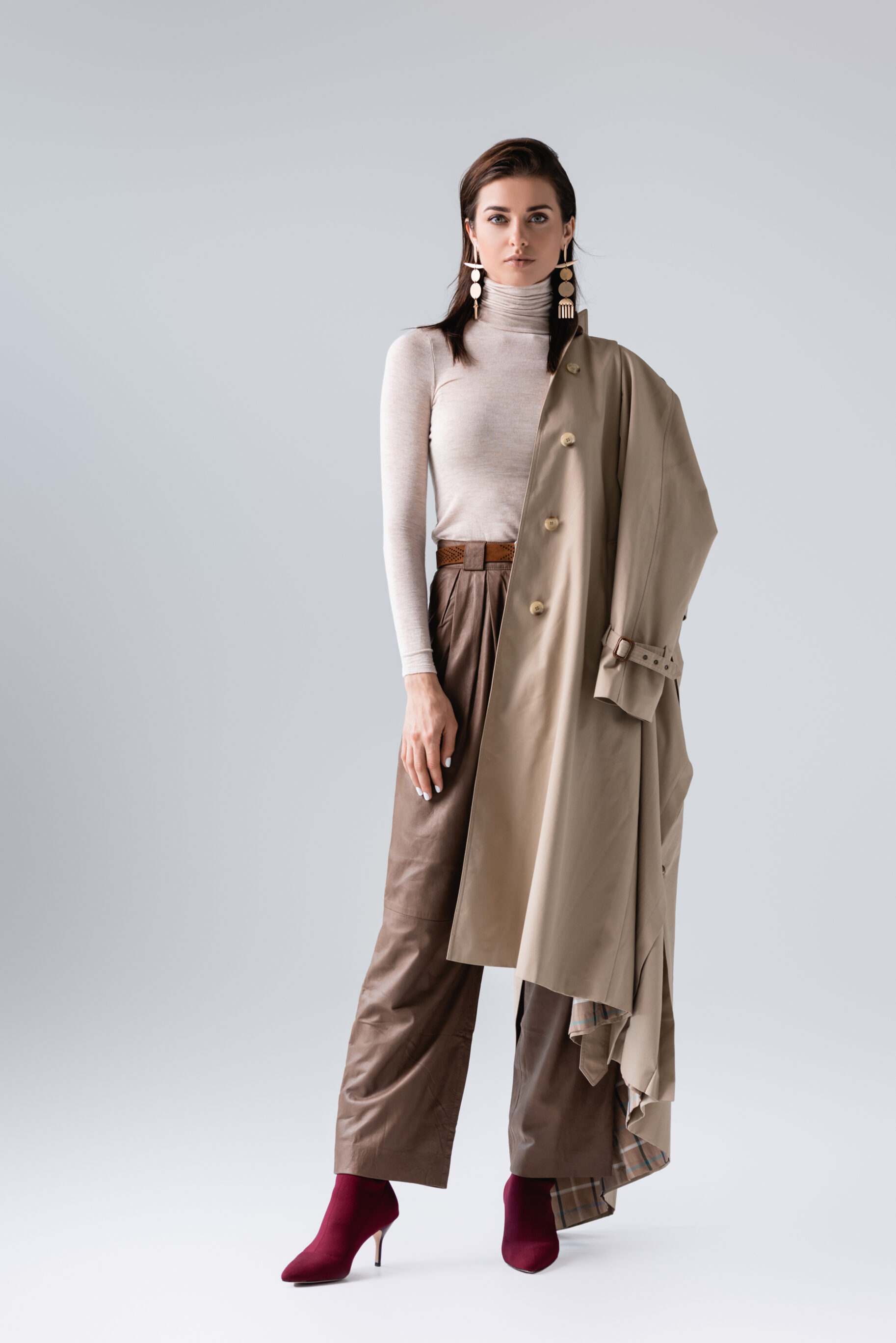 Turtleneck, Wide Leg Pants, Trench Coat & High Heel Boots