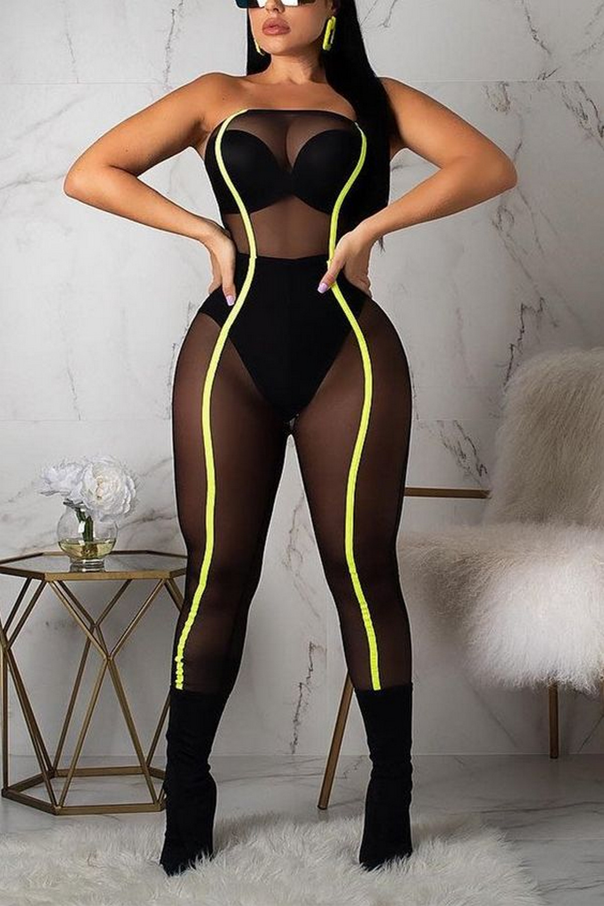 Black Mesh Wrapped Chest Jumpsuit