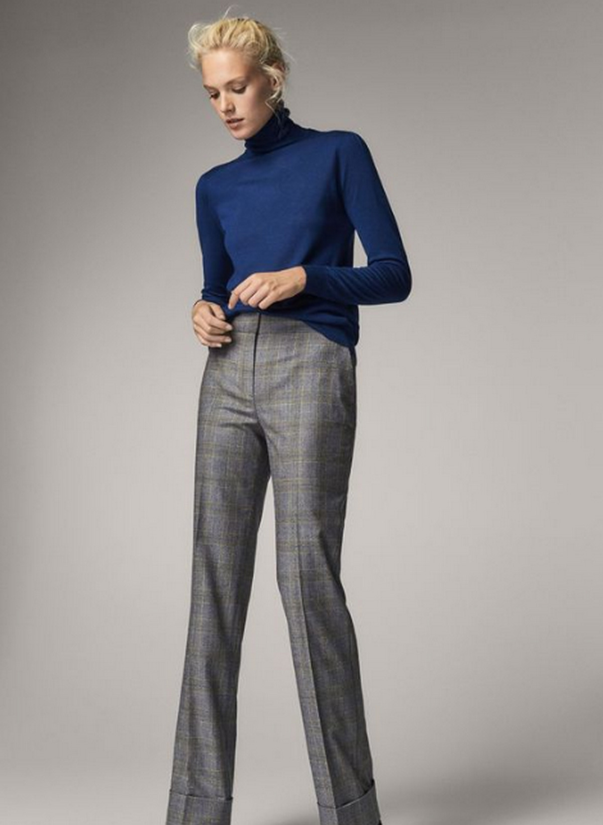 Blue Turtleneck Sweater And Gray Pants For Women