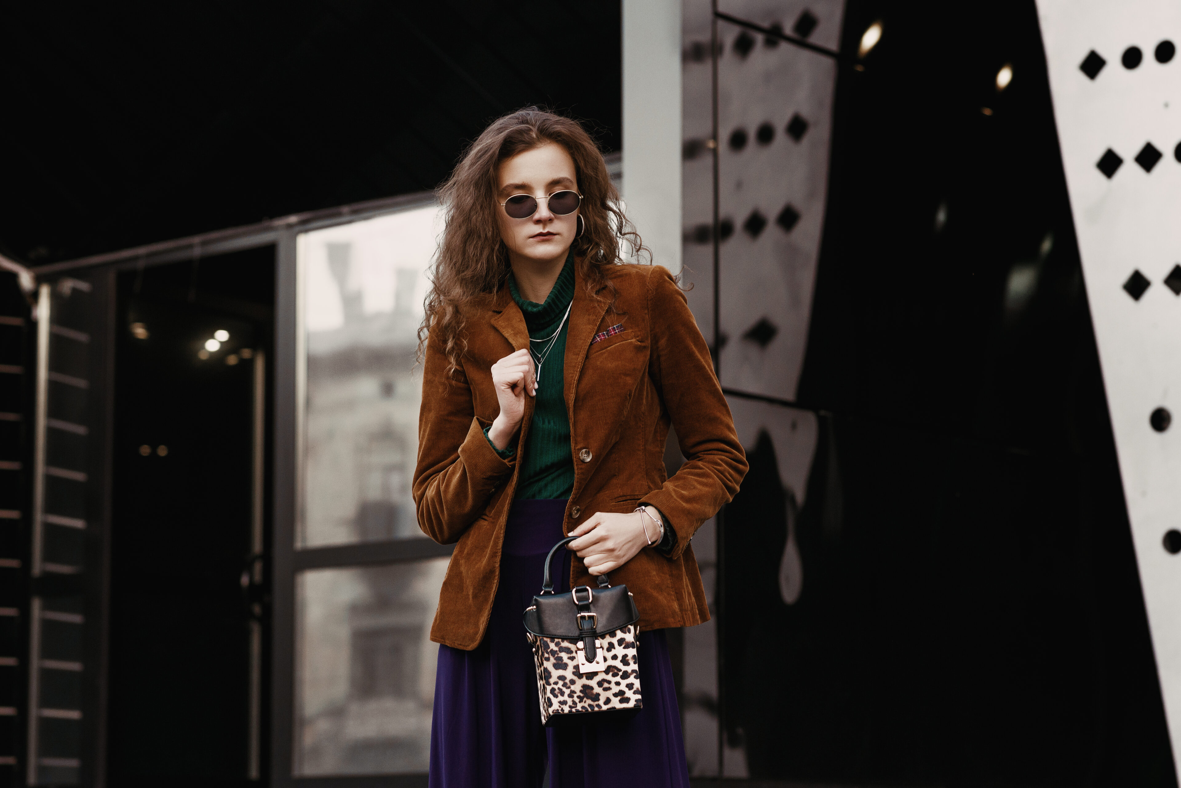 Brown Corduroy Blazer, Green Turtleneck & Purple Culottes