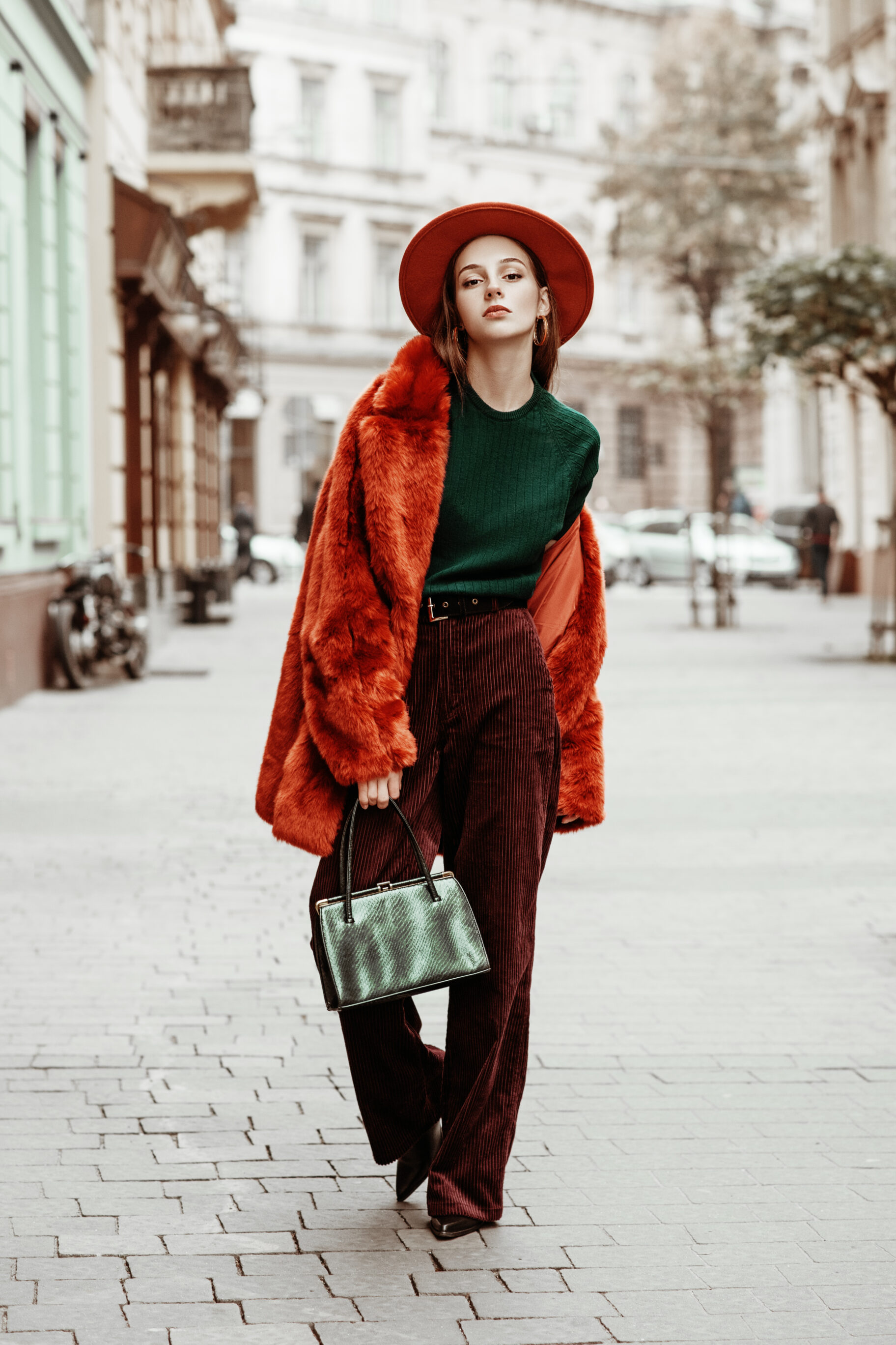 Oversized Faux Fur Coat, Hat, Green Sweater, Corduroy Trousers