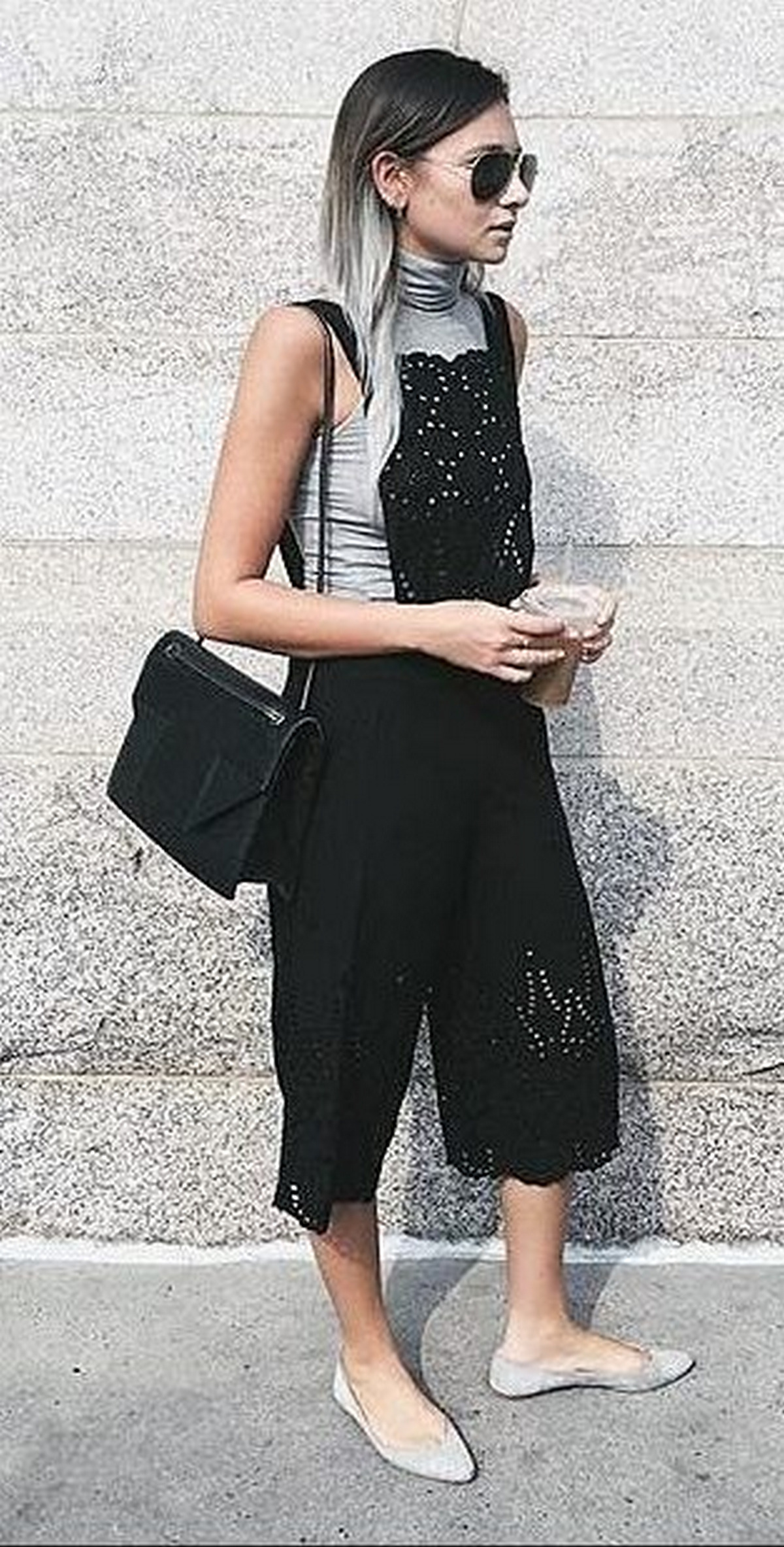 Grey Sleeveless Turtleneck Top With Black Overalls