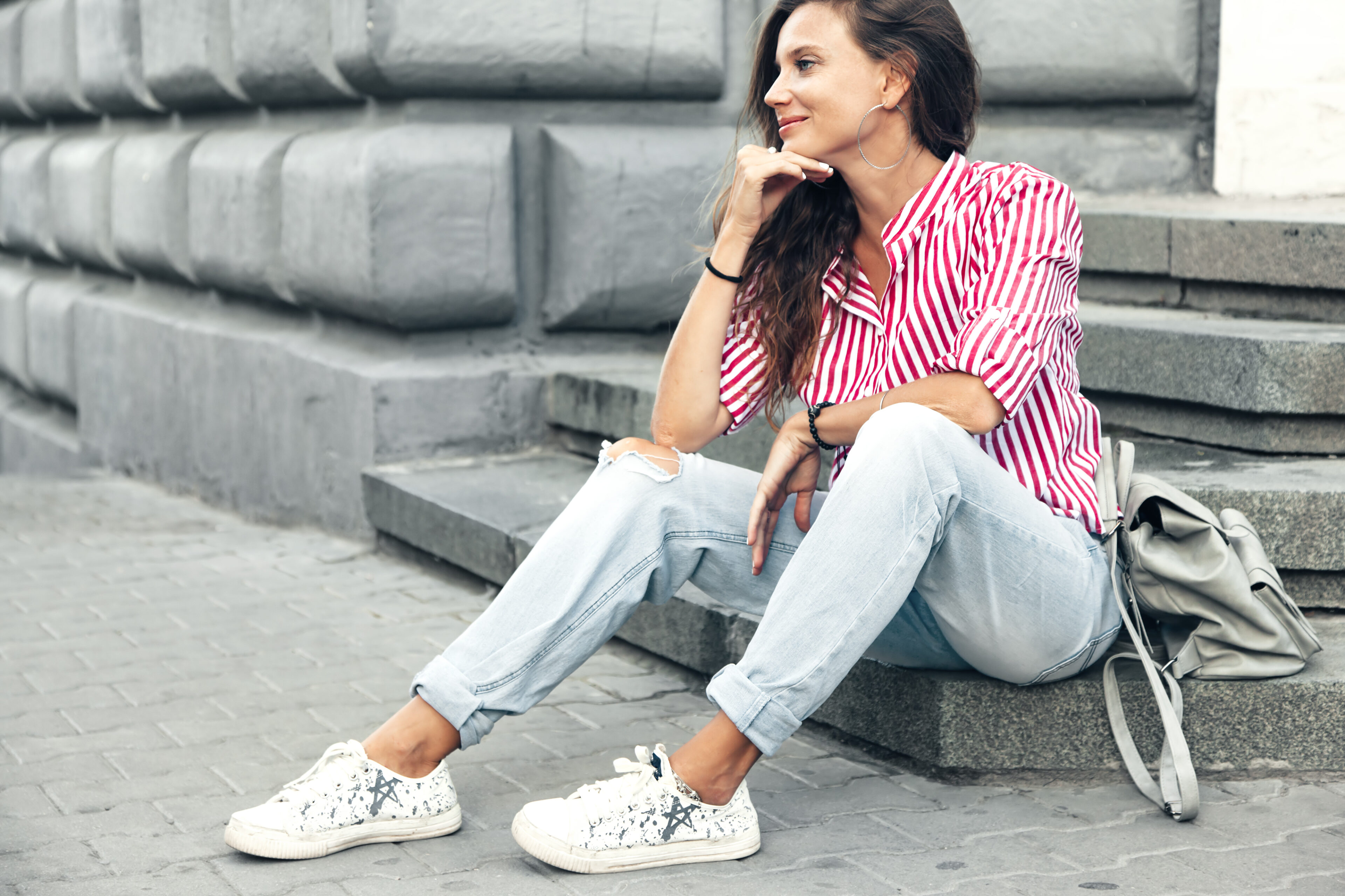 Red Striped Shirt and Light Blue Jeans