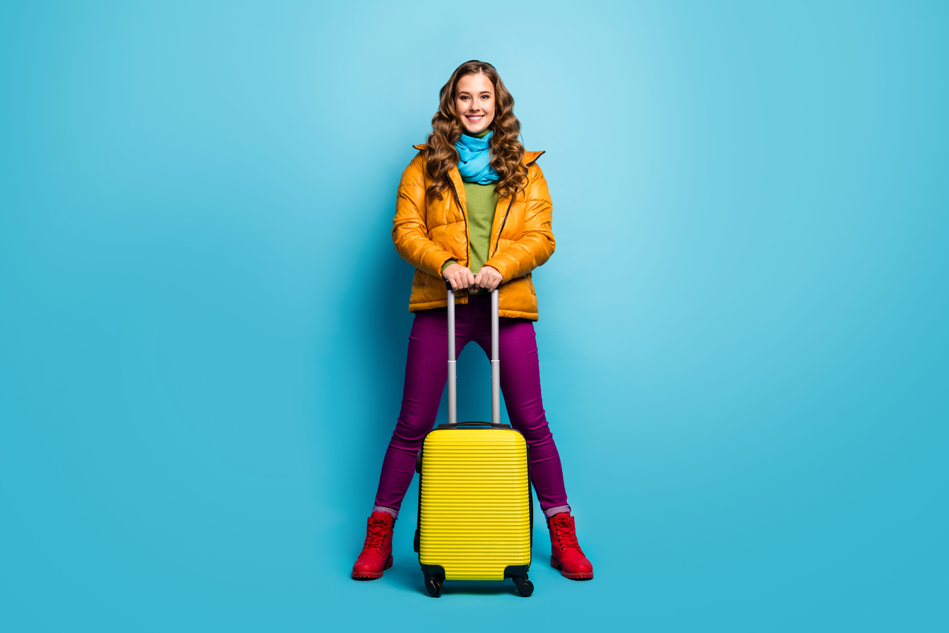 Yellow Overcoat, Blue Scarf, Trousers, Red Shoes