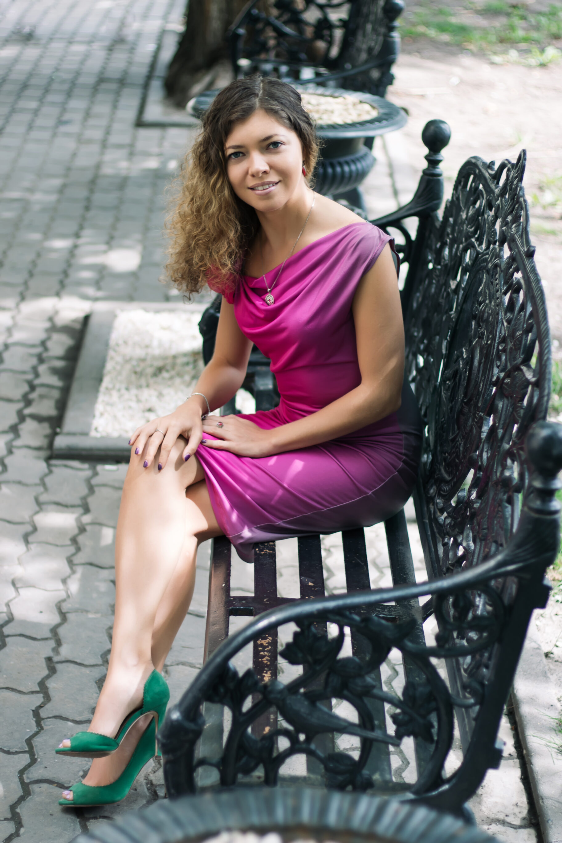 Pink Dress with Green High Heels