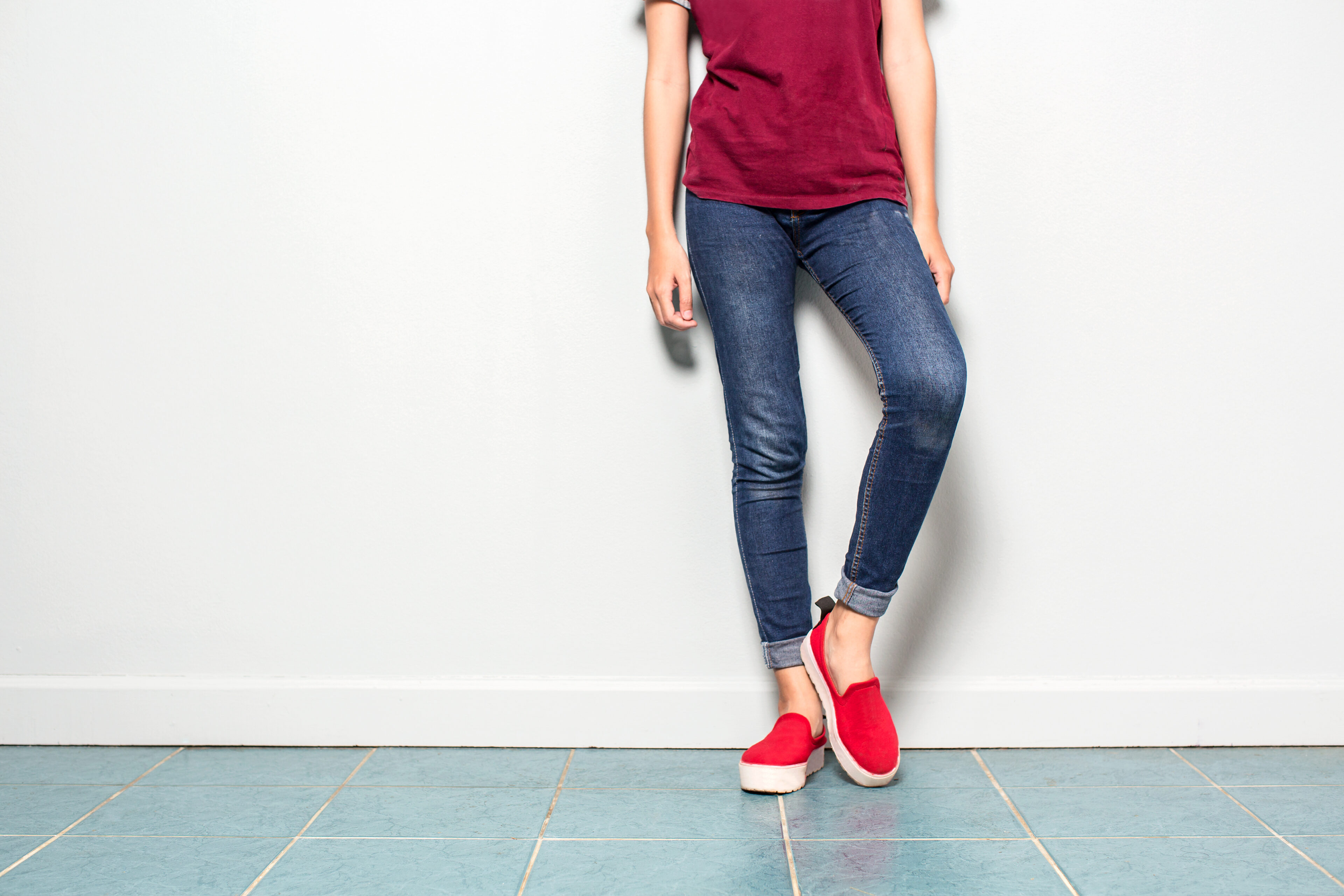 Red T-Shirt, Red Jeans And Loafers