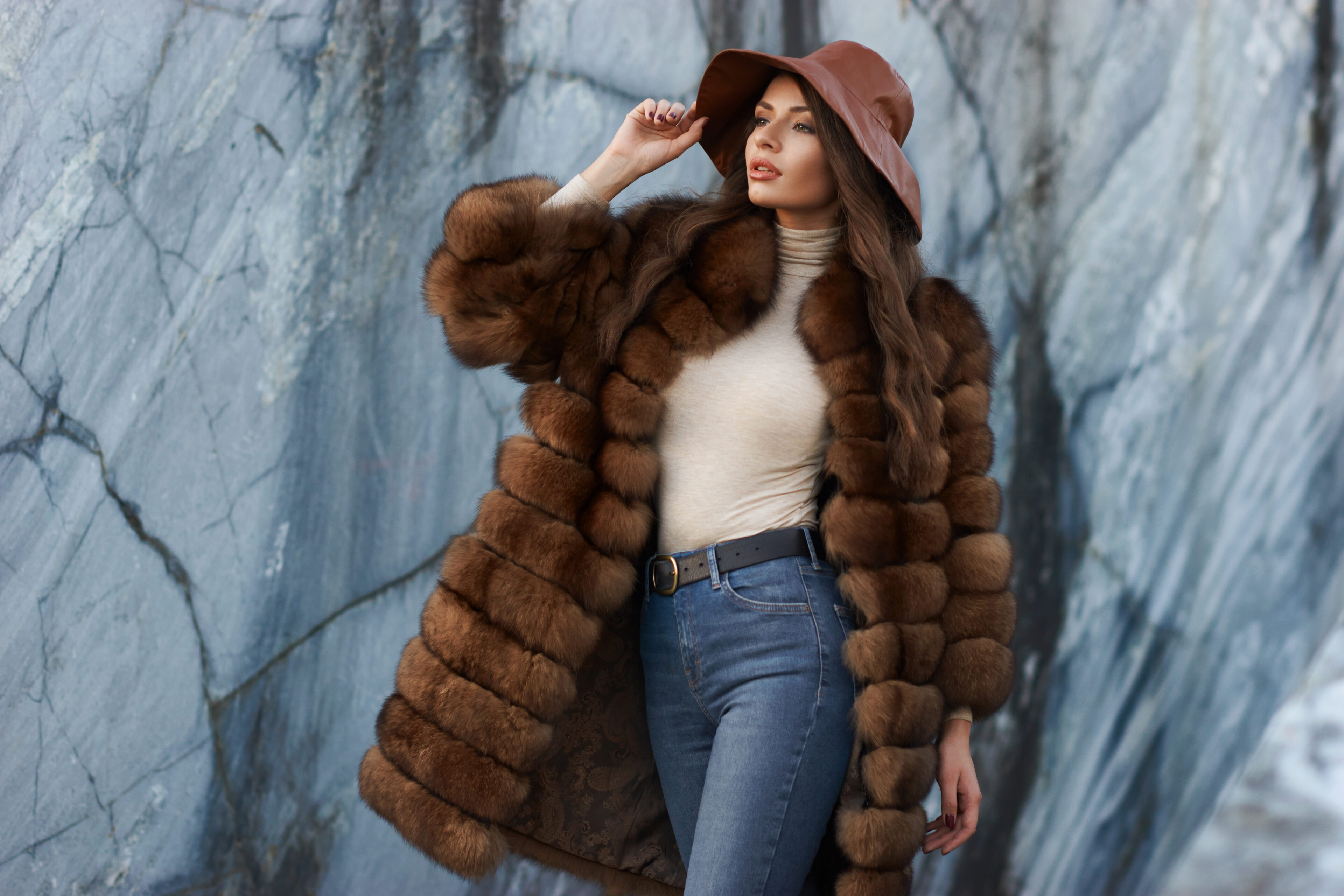 Turtleneck, Fur Coat, And Skinny Jeans