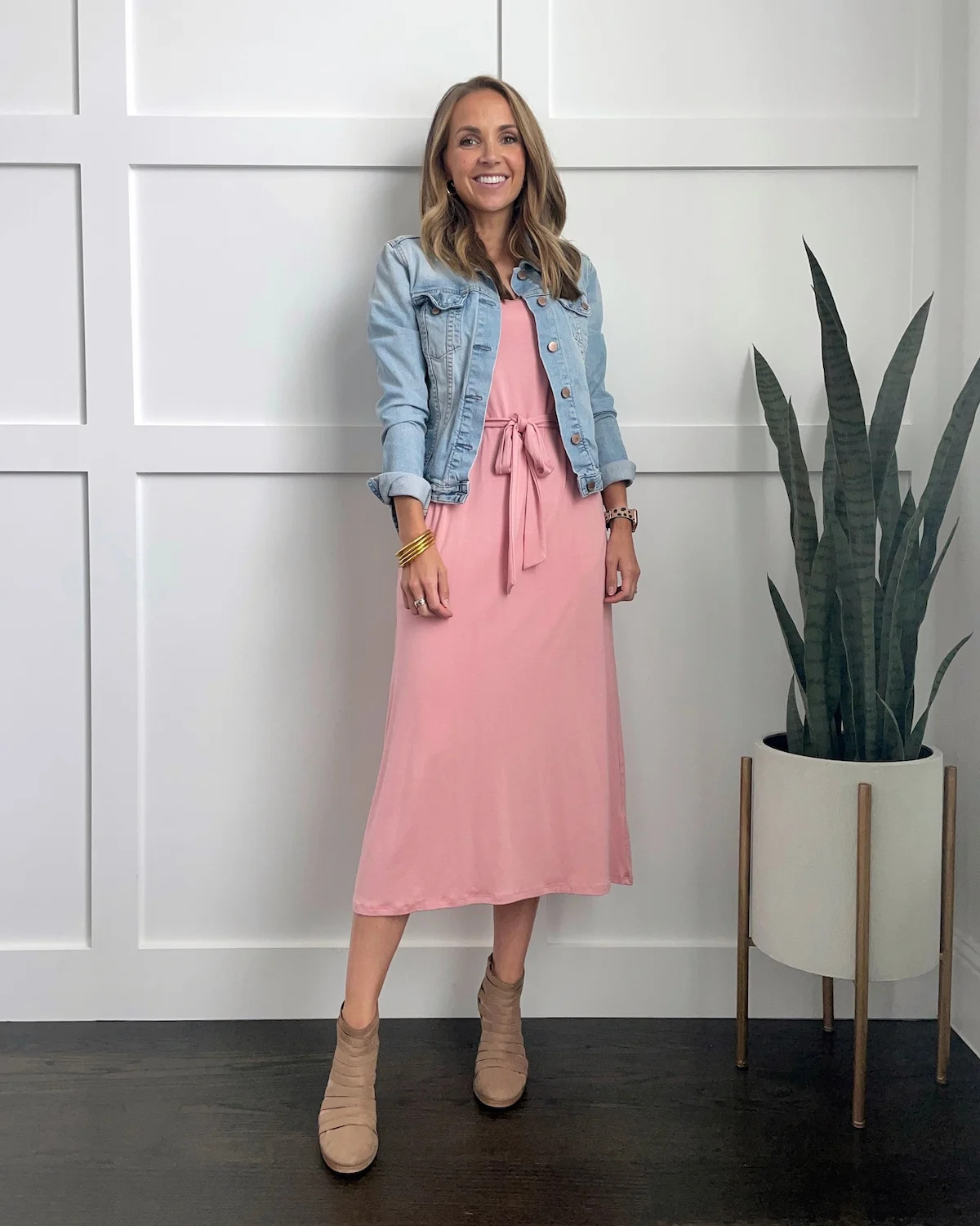 Pink Midi Dress and Beige Boots