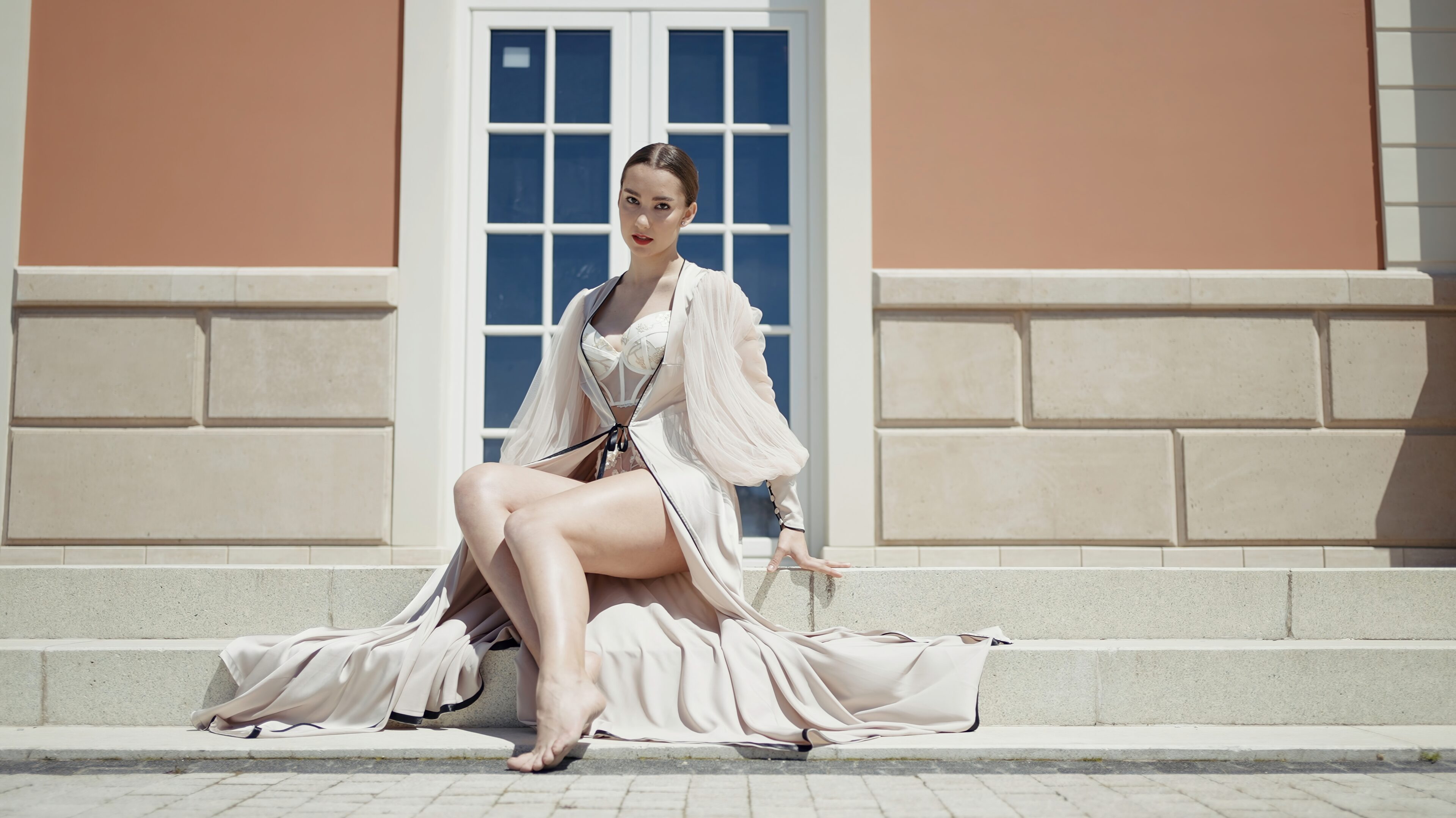 Beige Robe and White Corset