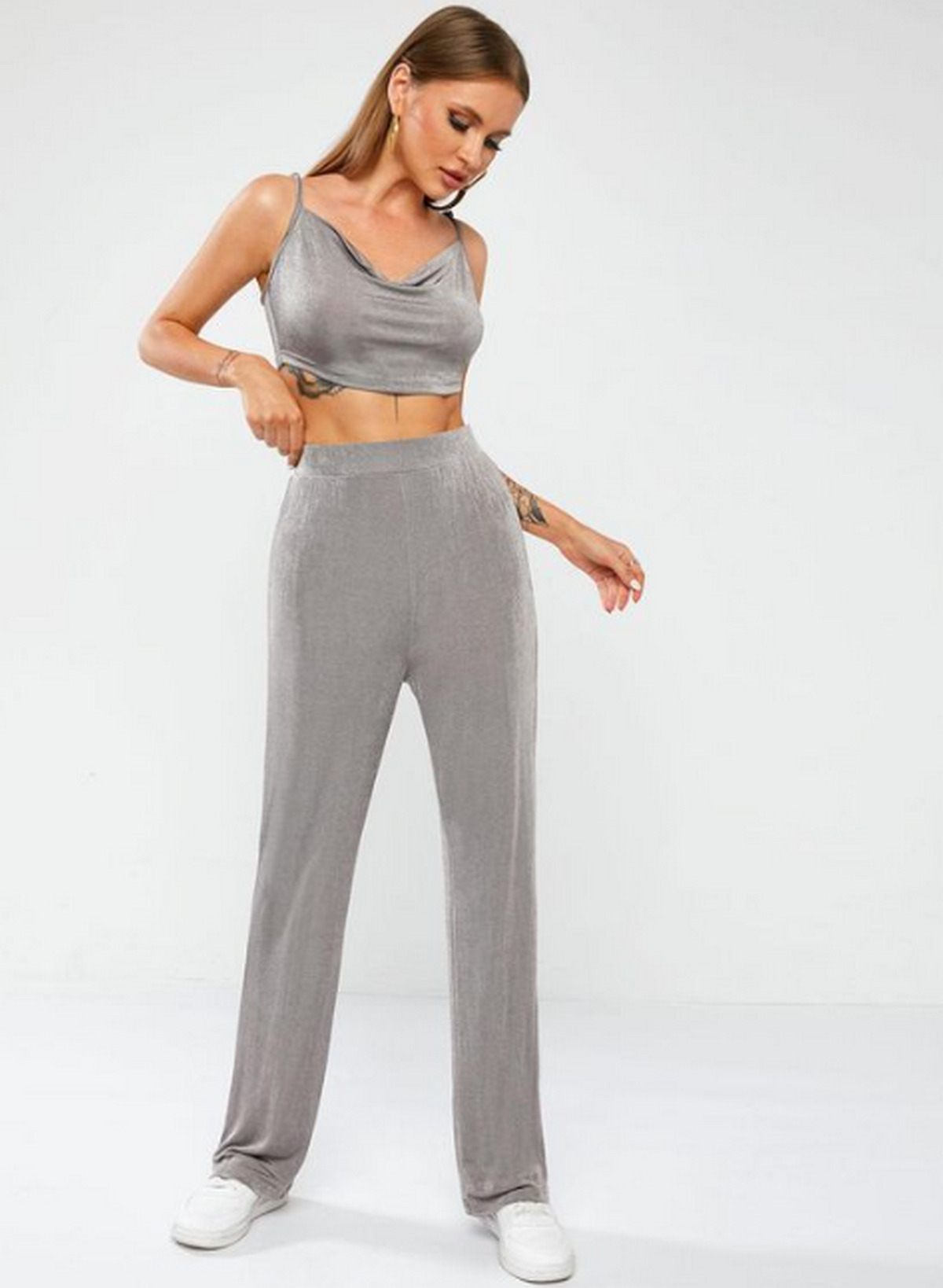 Dark Gray Crop Top And Wide-Leg Pants Set For Women