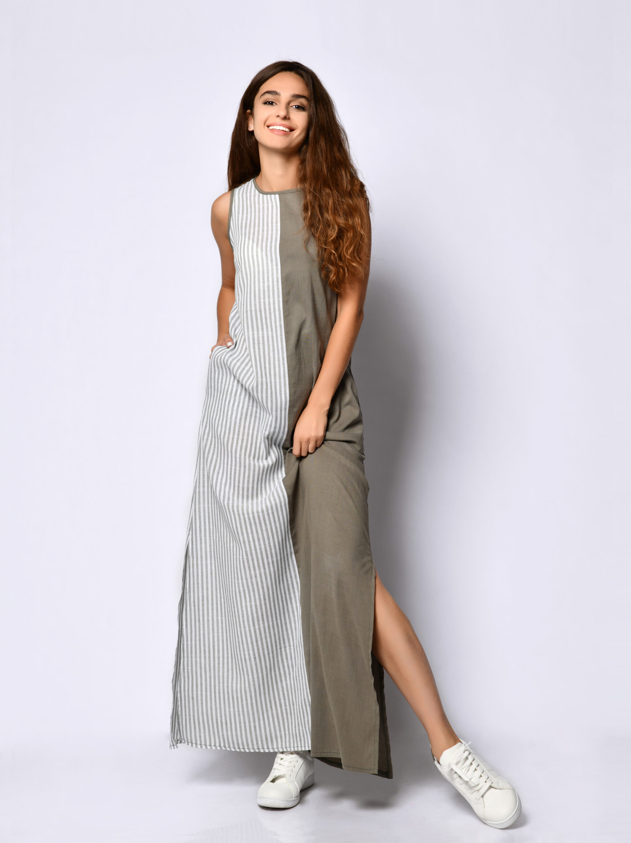 Long Khaki Double Dress With Stripes