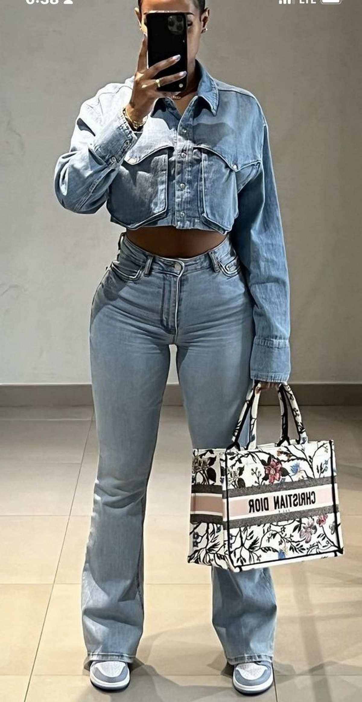 Long-Sleeved Cropped Jean Jacket and Jean Pant
