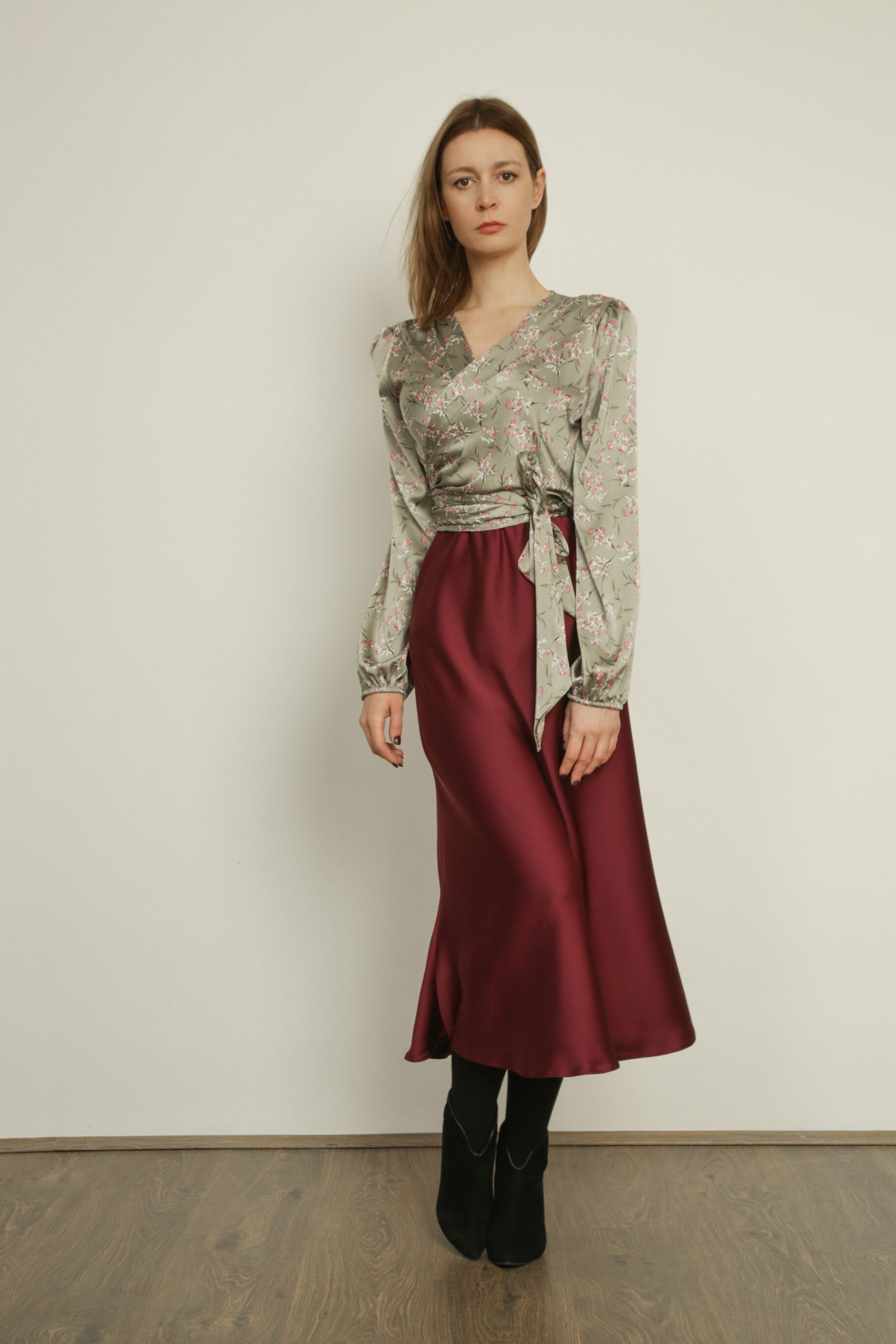 Satin Floral Blouse & Simple Burgundy Midi Skirt
