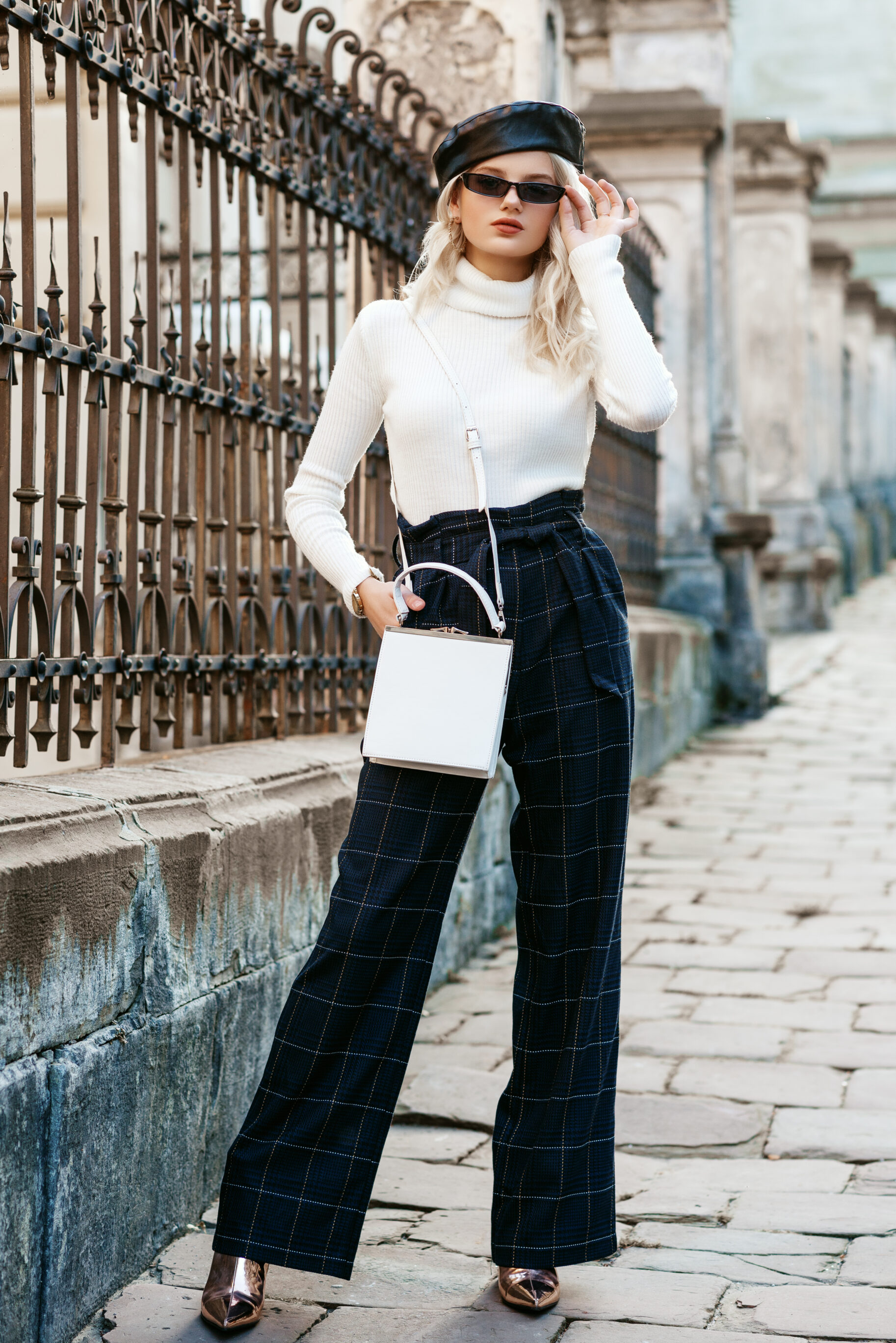 Black Leather Beret, Sunglasses, White Turtleneck Sweater, Checked High Waist Pants, With A Small Bag