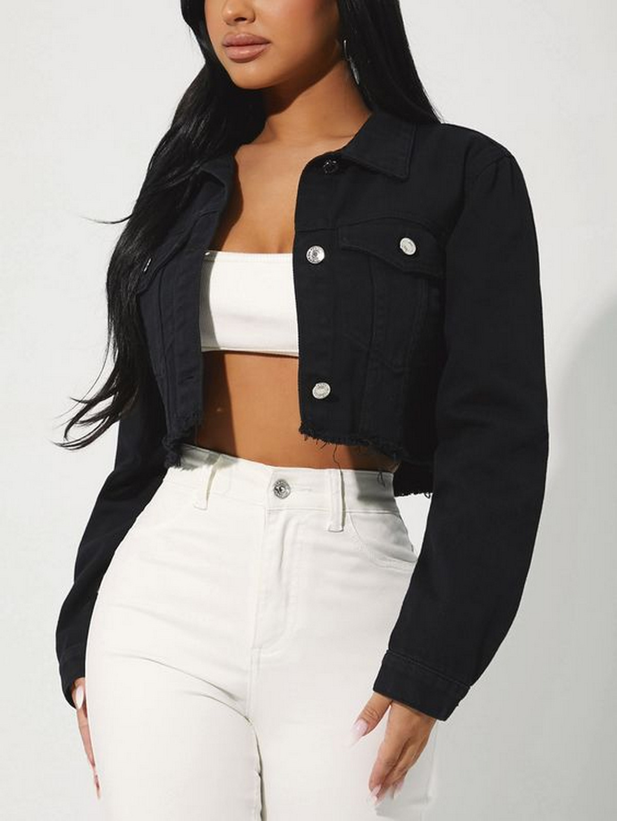 Black Denim Jacket With White Crop Top and White Jeans