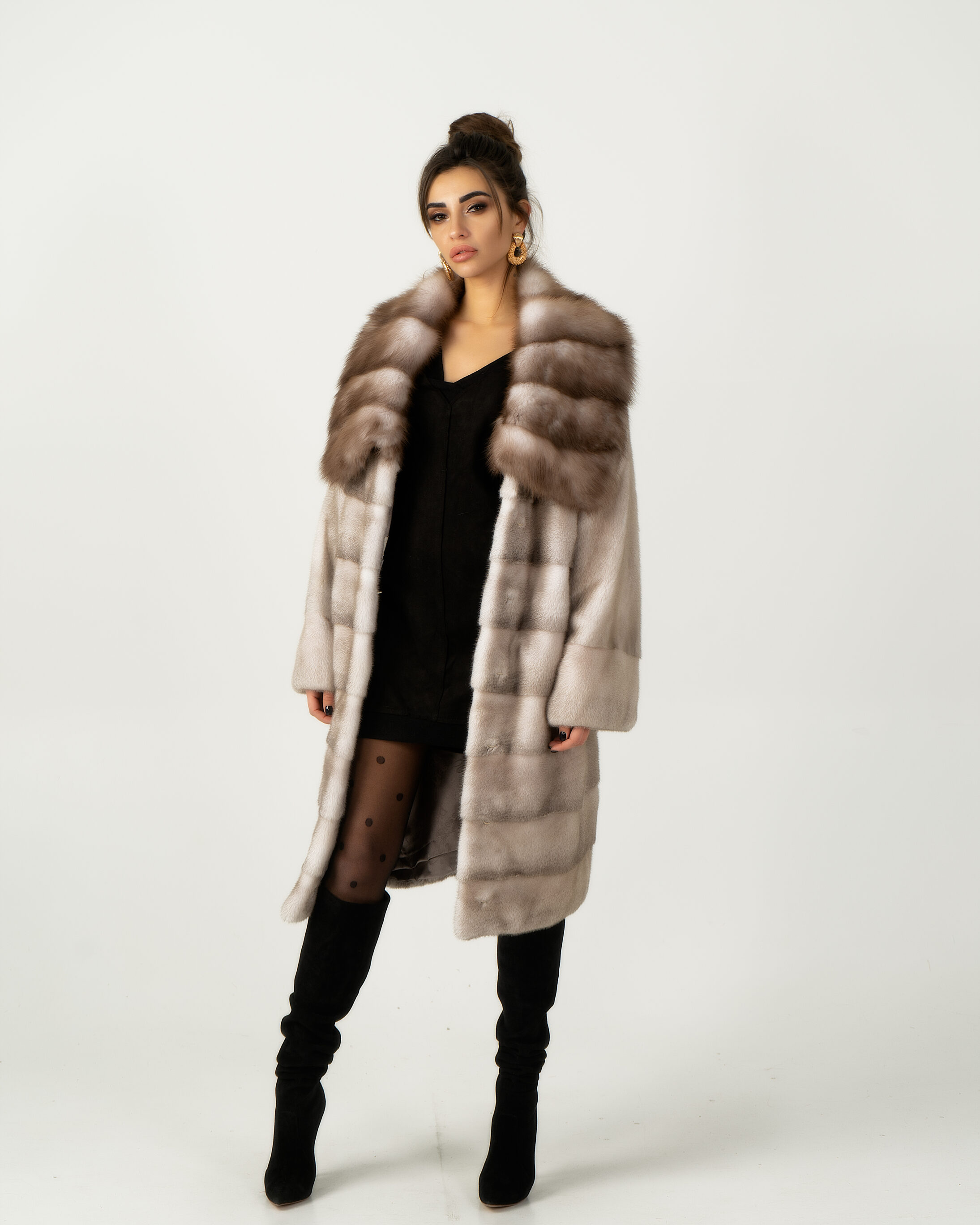 Fur Coat, Black Shift Dress, Sheer Tights & Knee High Boots