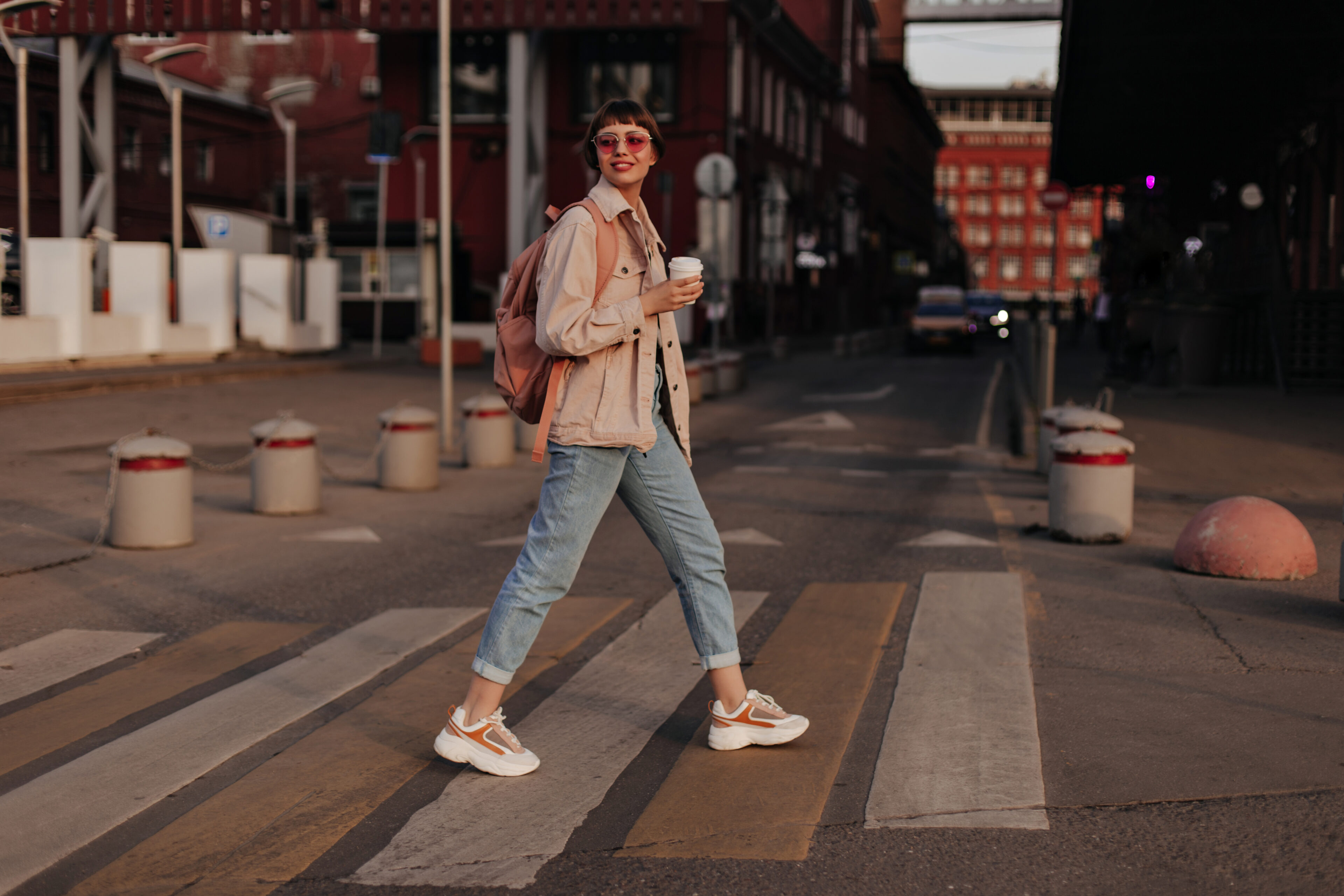 Jeans, Sneakers, Glasses & Beige Jacket